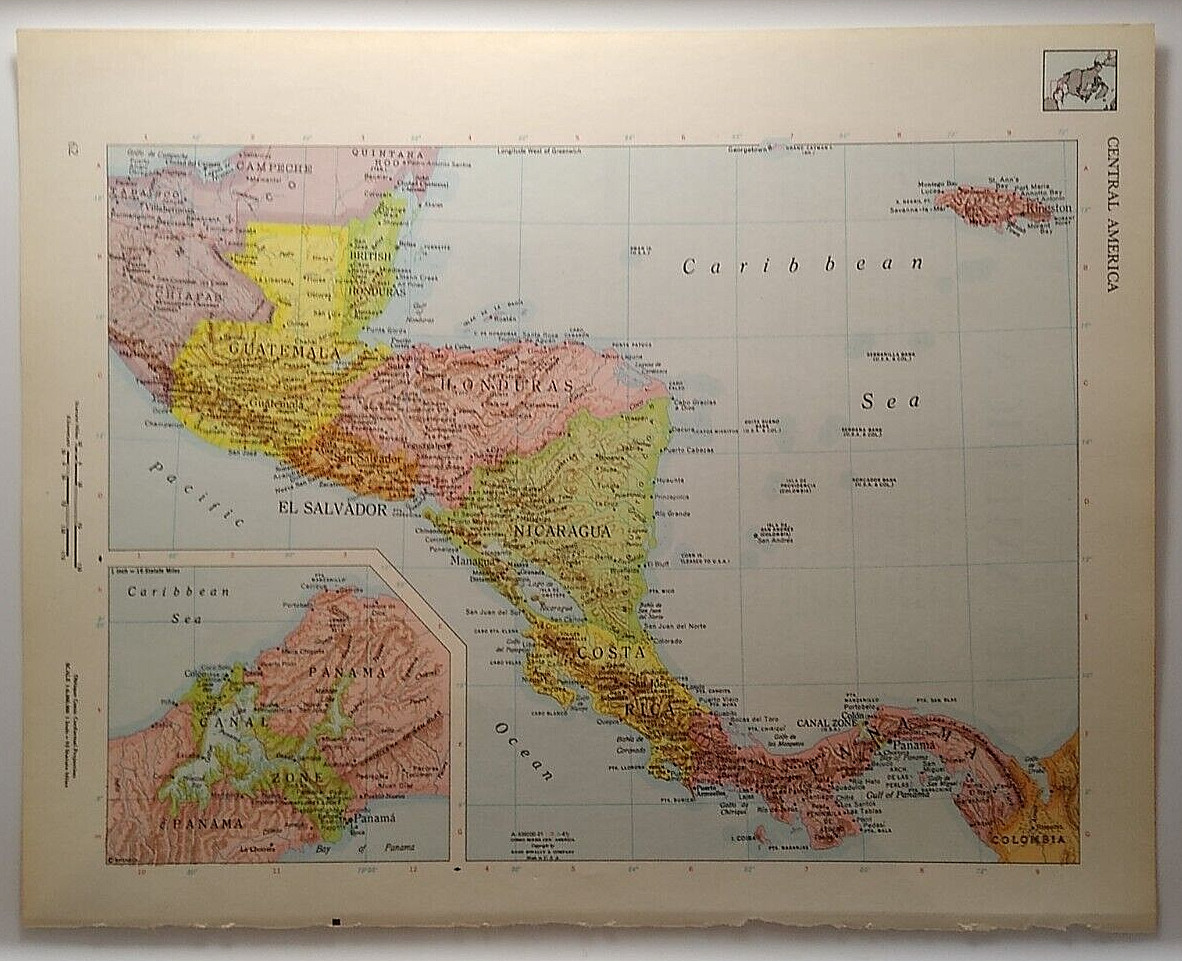 1960's Vintage CENTRAL AMERICA Atlas Map - Old Antique Rand McNally World Atlas