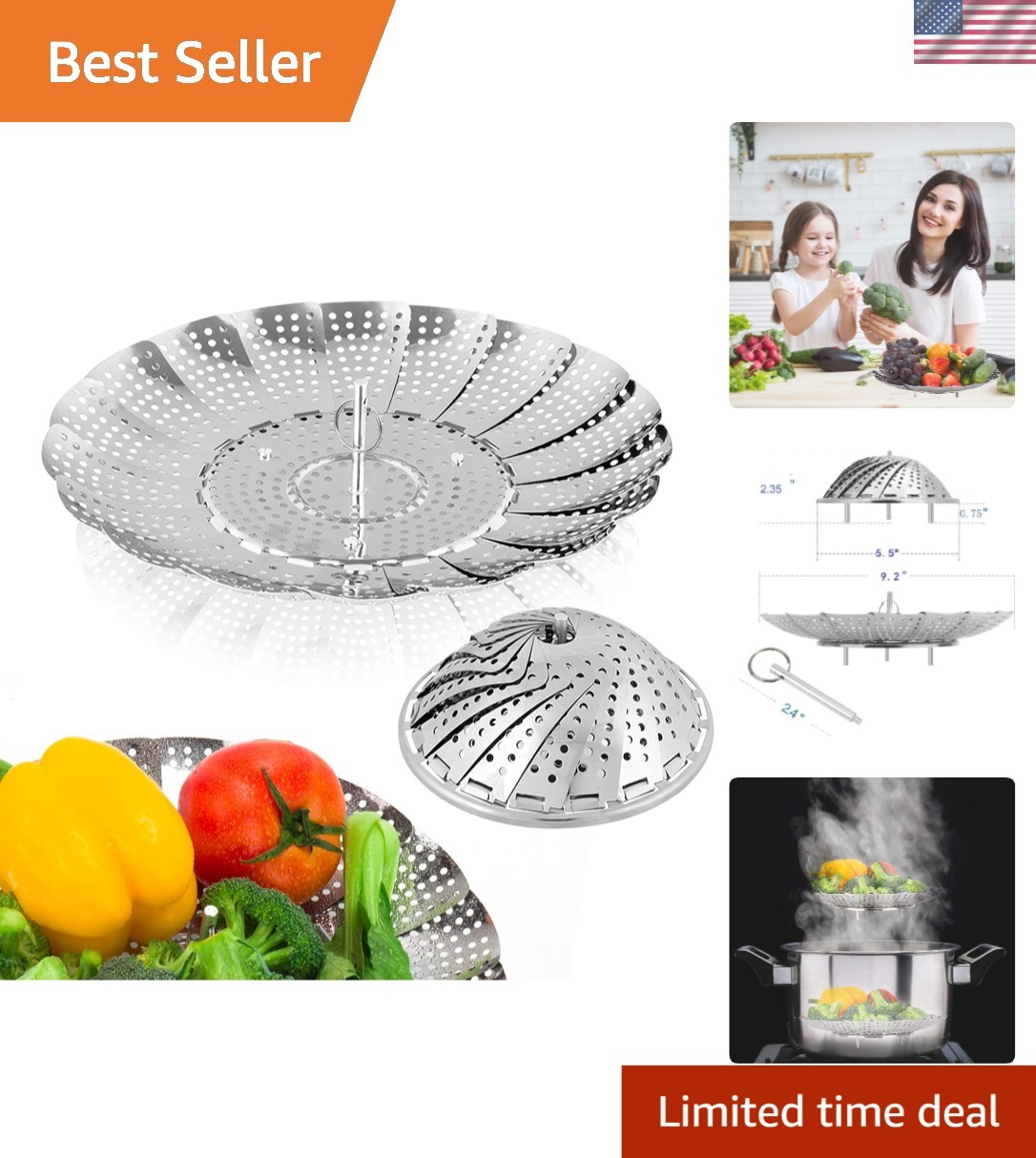 Multi-Functional Vegetable Steamer Basket - 9.2" Round Stainless Steel Design