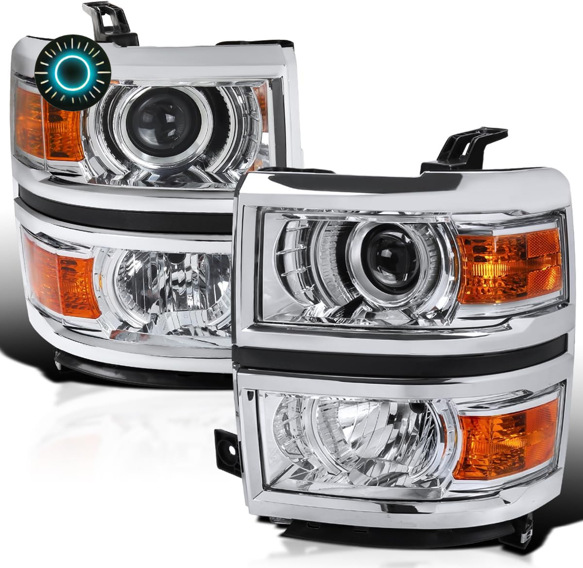 Chrome Projector Headlights W/Silver Trim Compatible with 2014-2015 Chevy Silver