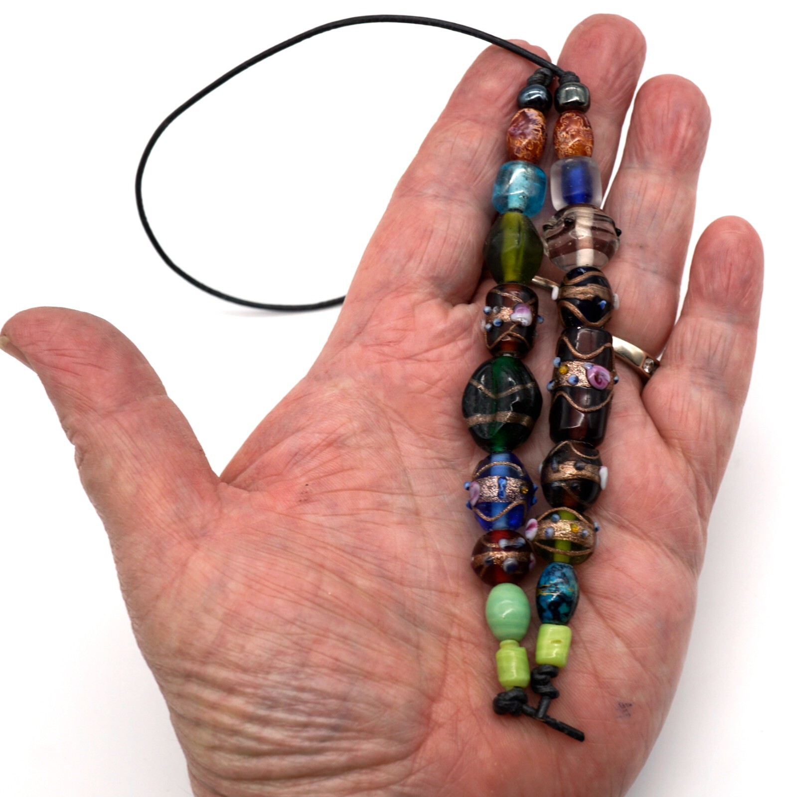 Double Strand of Old Hand Made Murano Glass Beads Many with Sparkling Lutz