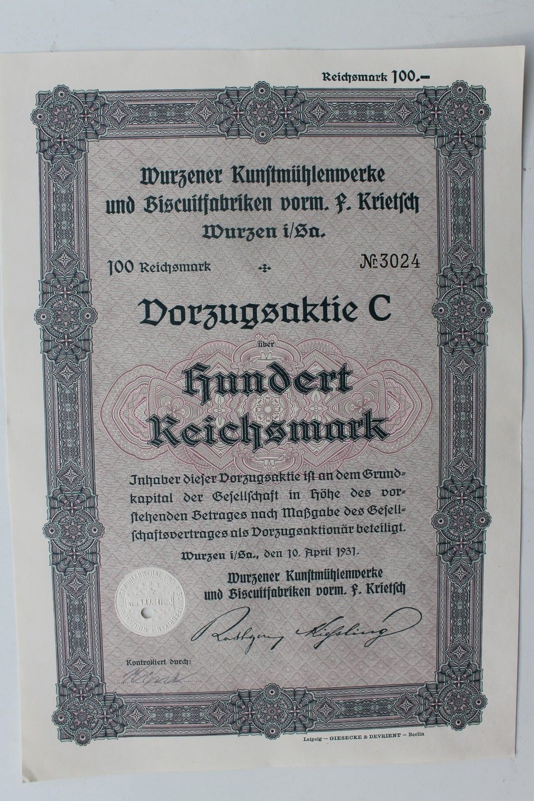 29398 Share 100 Reichsmark Kunstmühlenwerke Biscuit Factory Krietsch Wurzen 1931
