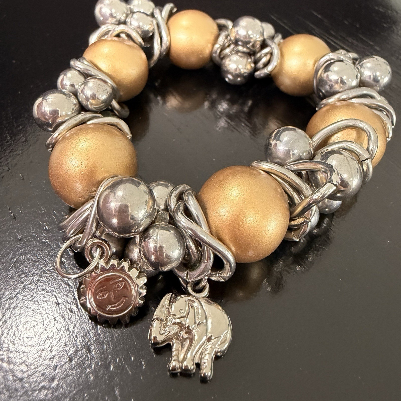 Vintage Chunky Gold Silver Tone Beaded Charm Bracelet 7.25in