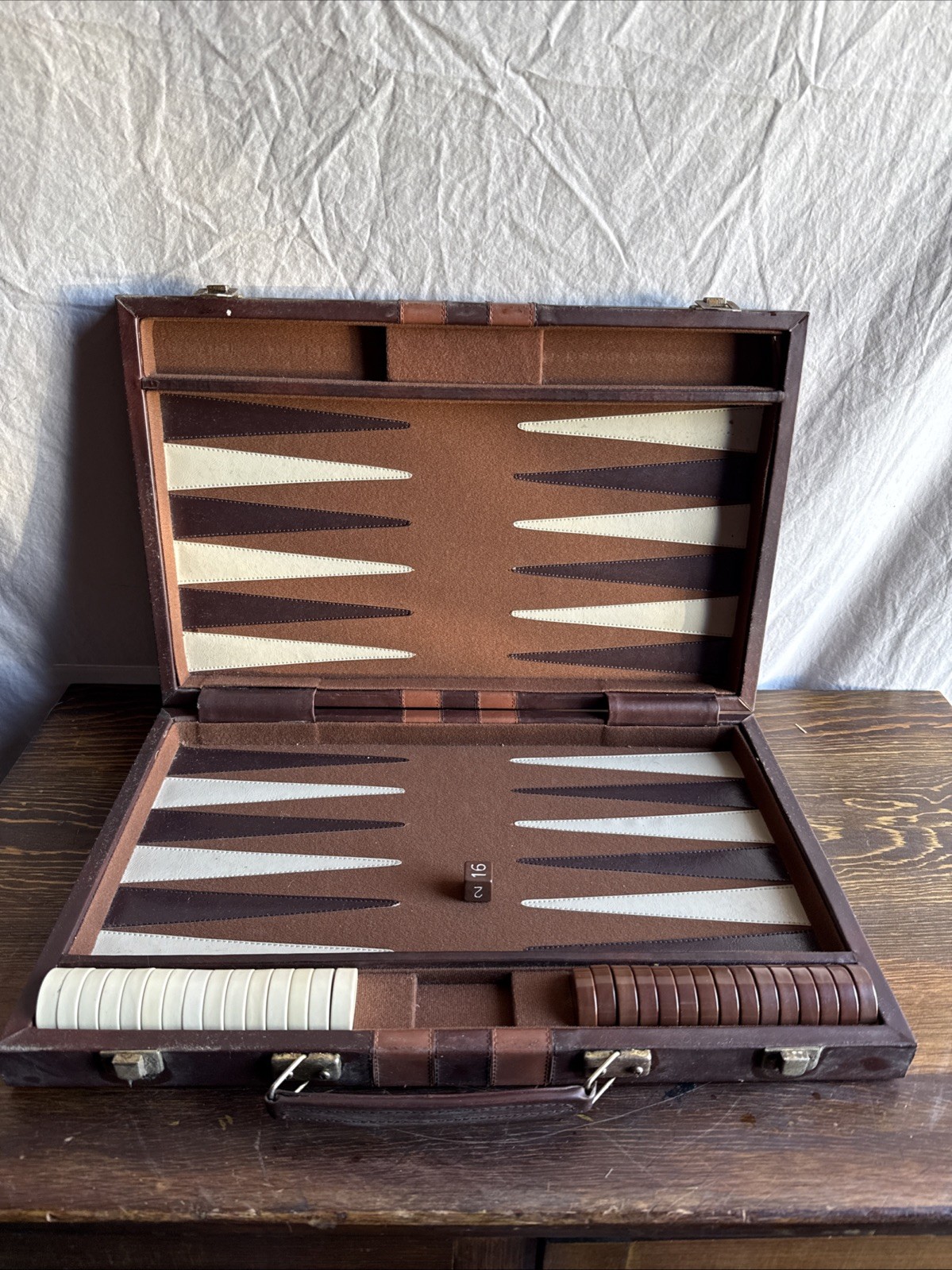 Backgammon Board W/ Brown & Cream Chips Case Is 18” X 11.5” X 2.25” For Parts