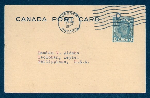 CANADA 1c KGVI POSTAL CARD 1947 TO PHILIPINES