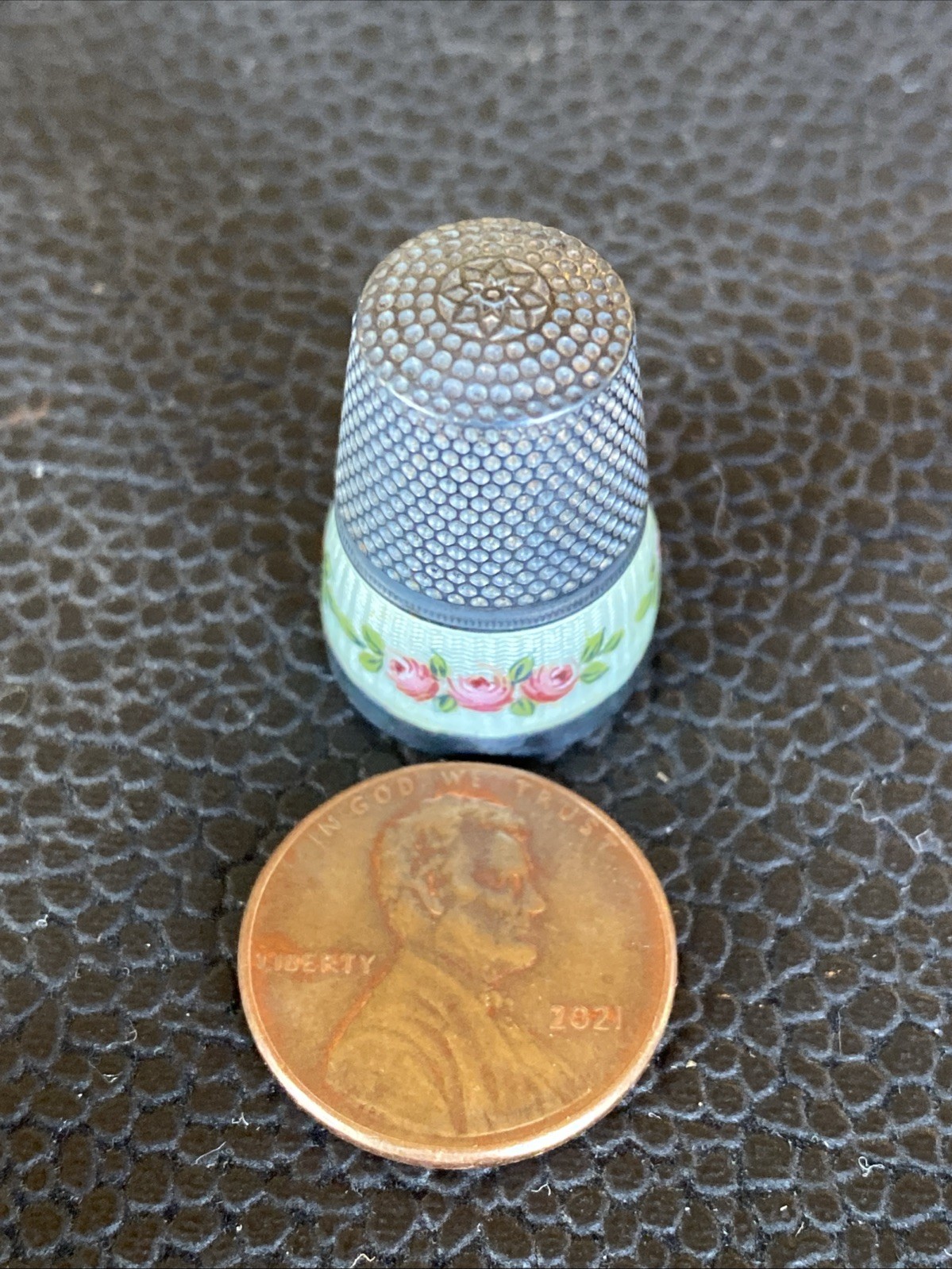 ANTIQUE STERLING THIMBLE GERMANY MINT SEAFOAM GREEN ENAMEL GUILLOCHE ROSE FLORAL