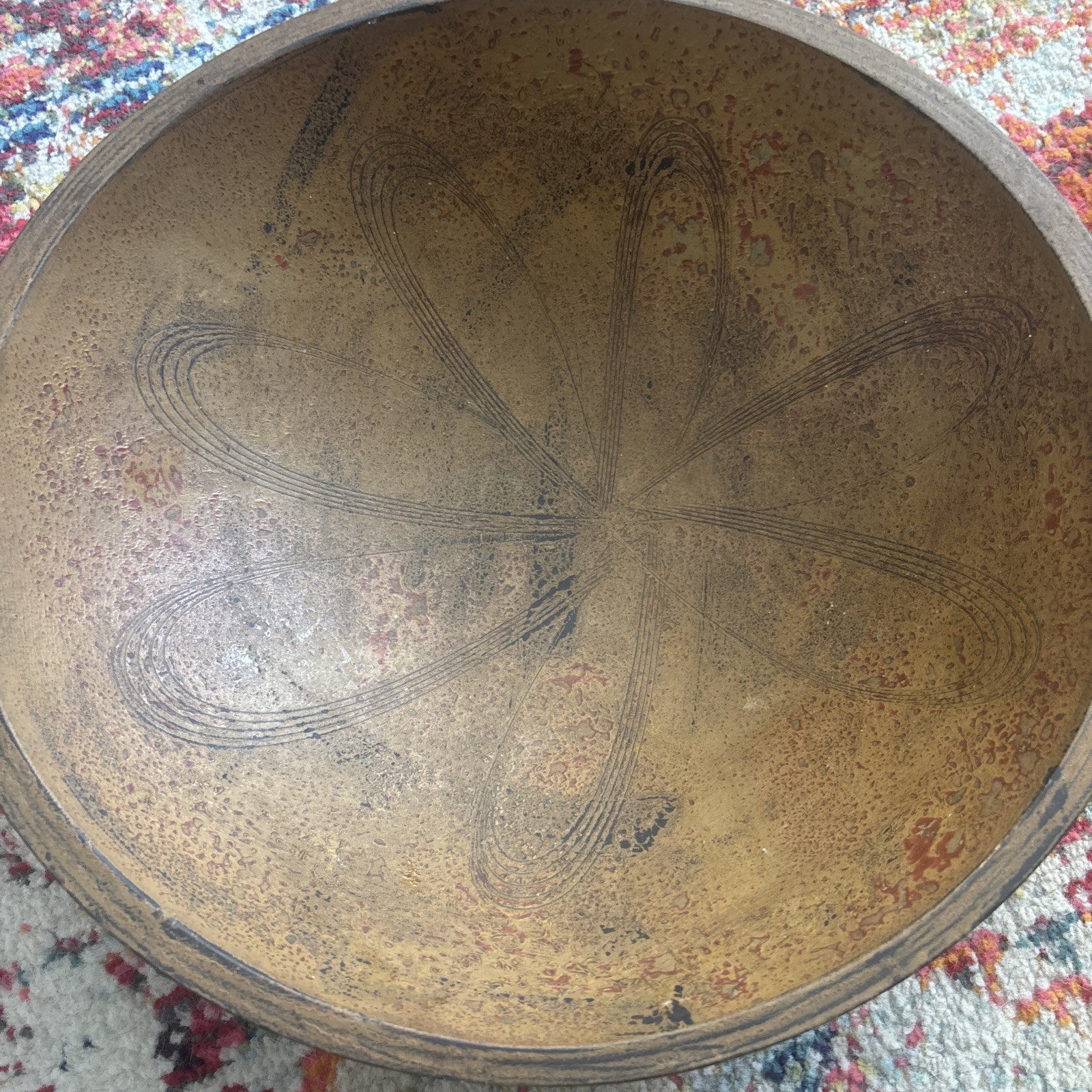 Large 19th Century American Turned Wooden Bowl Floral Etch 15” Primitive Rare