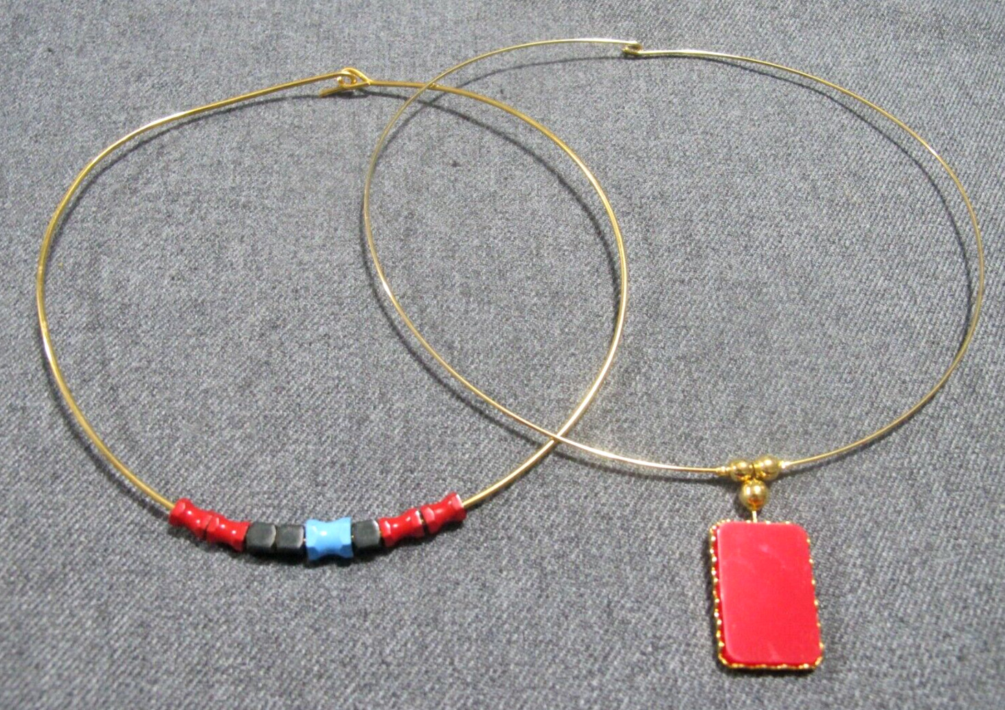 Vintage boho sliding plastic beads + red lucite dangle goldtone collar necklaces