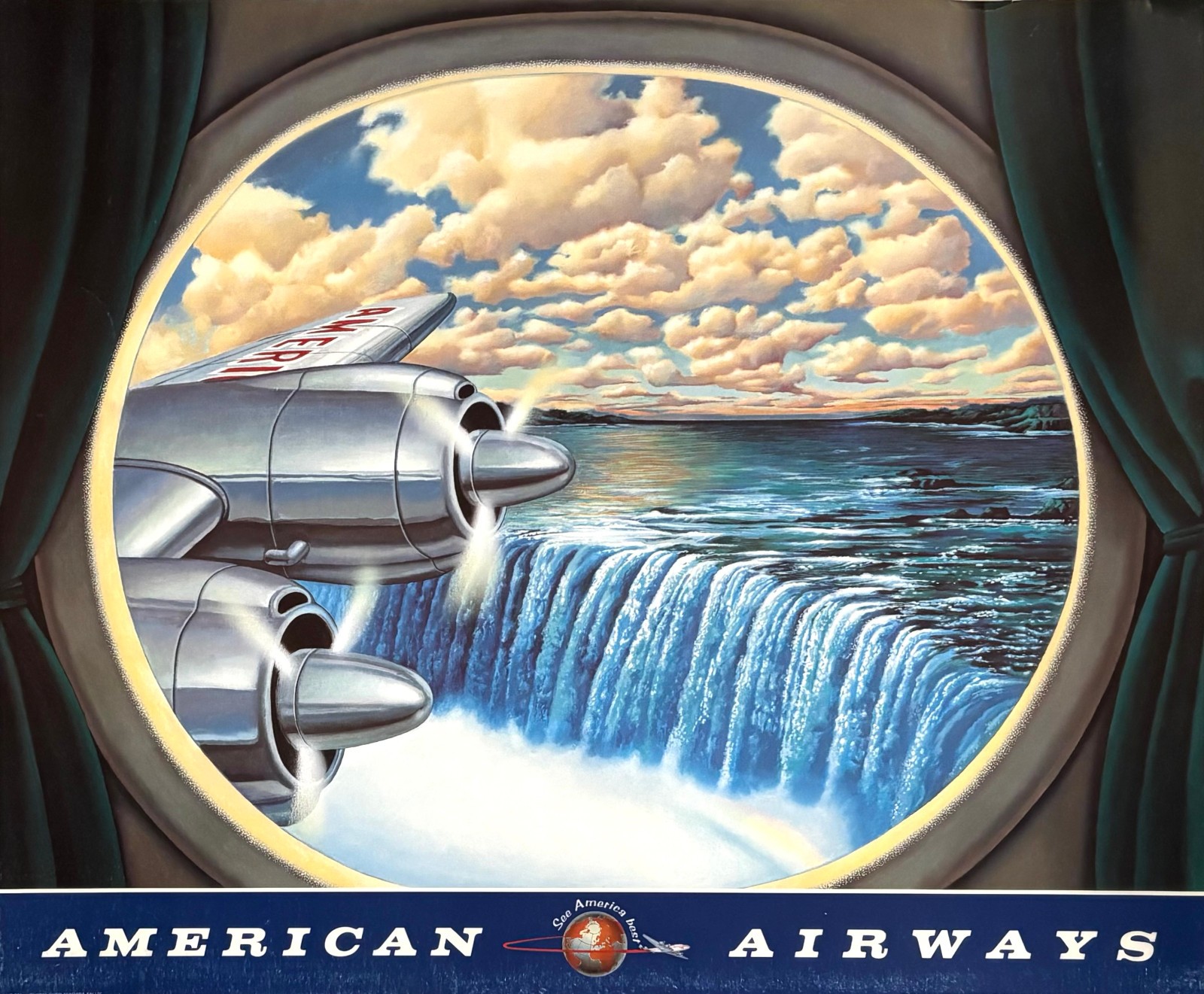 American Airways "Flying Over Niagara Falls" Rare Art Print 23 1/2'' x 19 1/2''