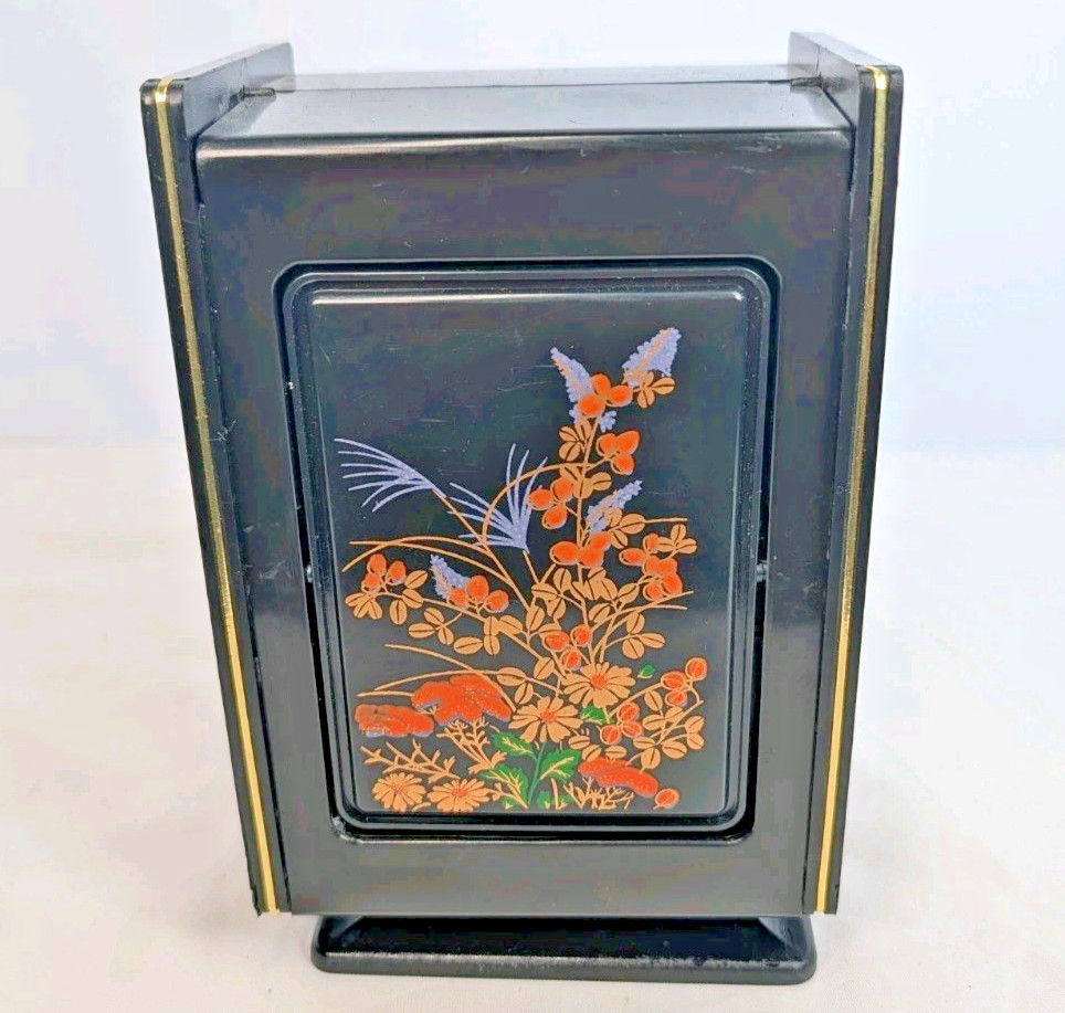 Vintage Chinese Black Plastic Floral Design 4 Drawer Jewelry Box W/ Mirror 