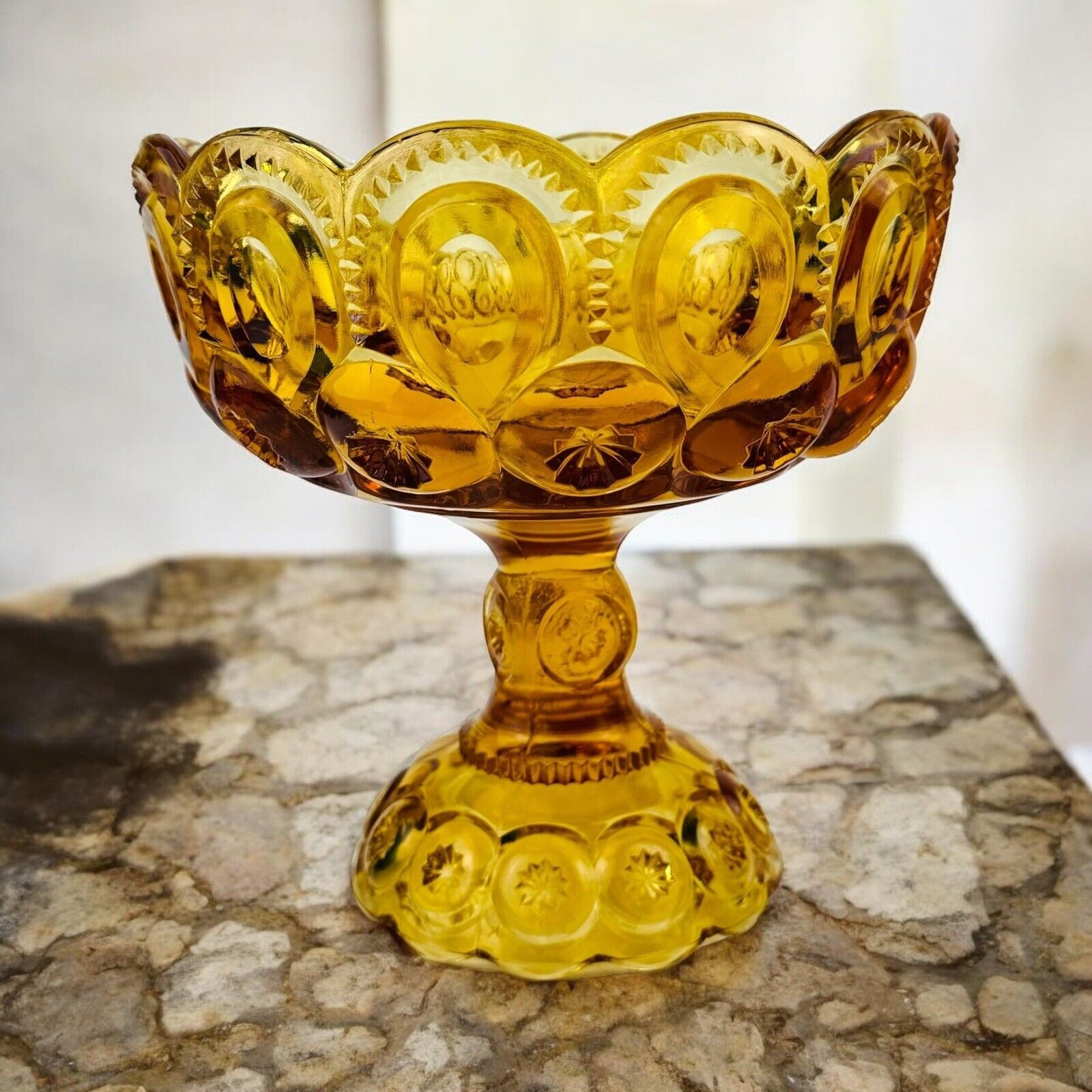 LE Smith Glass Amber Moon & Stars 6.5" Pedestal Compote Bowl Scalloped Edges