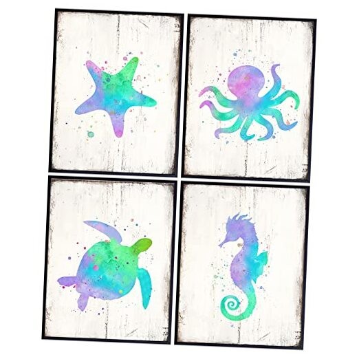 Starfish, Octopus, Sea Turtle, Seahorse Nautical Wall Decor Set - 8x10 Ocean 