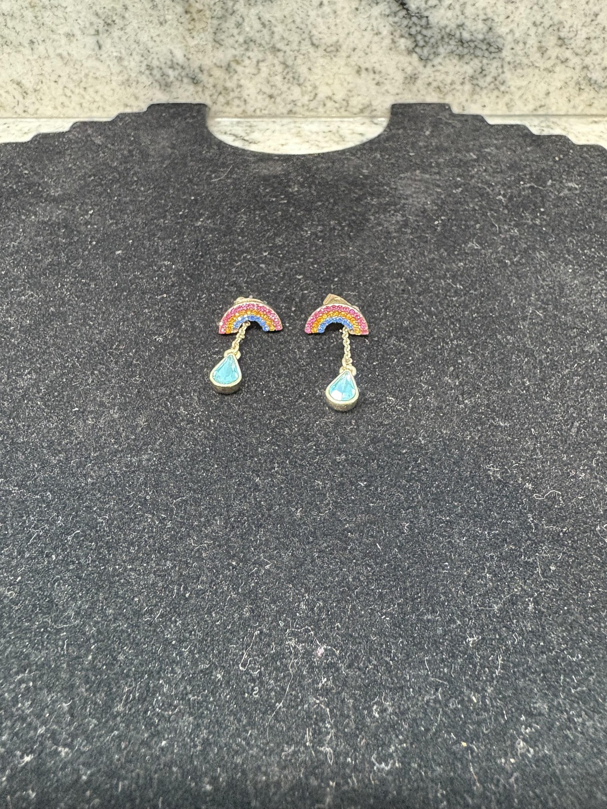 Rainbow Dangle Earrings Gold Tone Blue Teardrop Crystal Fun Jewelry Women's Gift