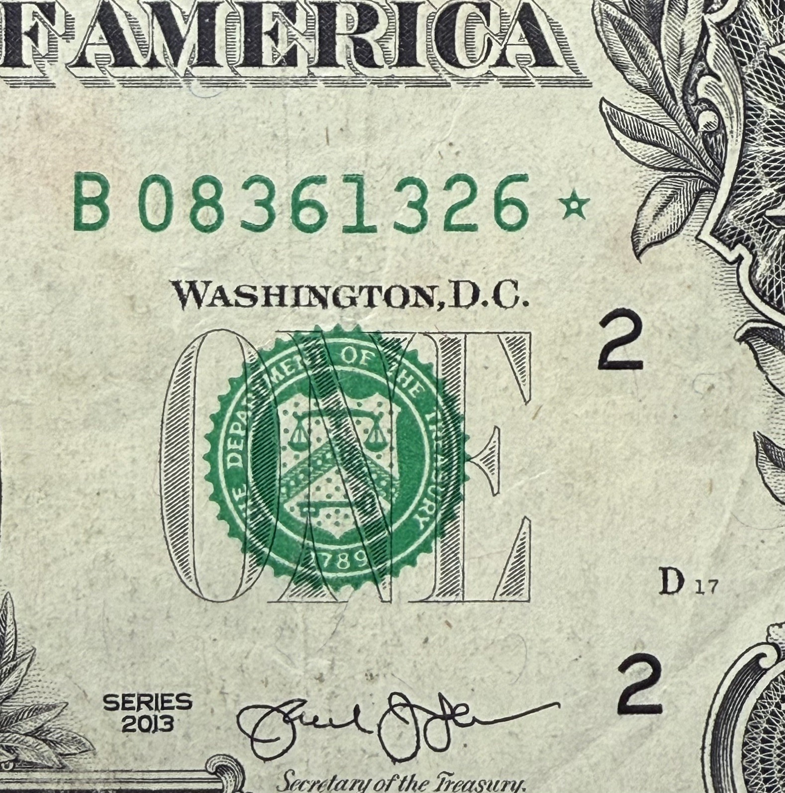 2013 B Duplicate Star Note Error $1 One Dollar Currency Note Washington DC Print