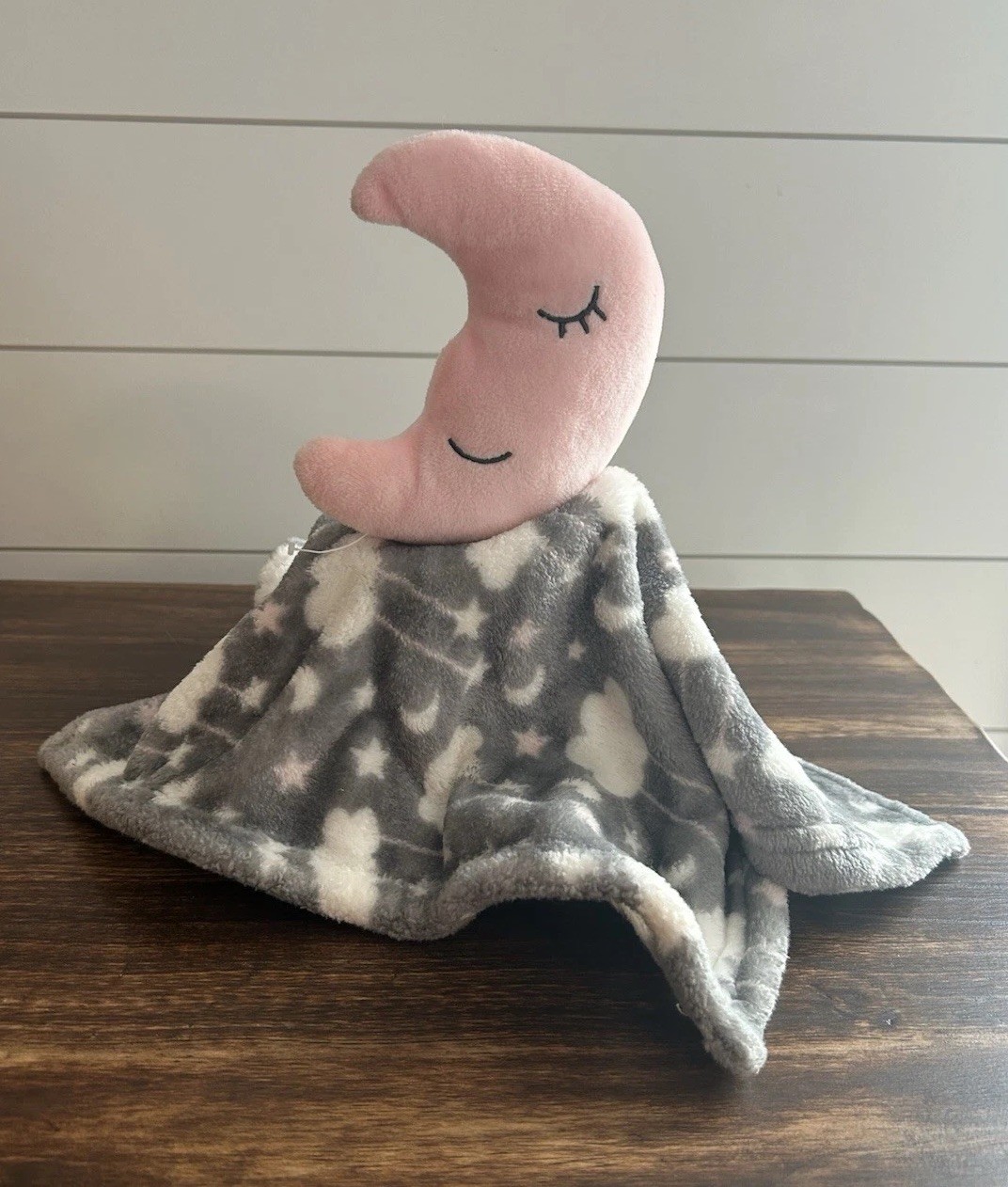 HB Pink Moon Blanket Security Lovey Plush White Stars Cloud Gray Soft 13”