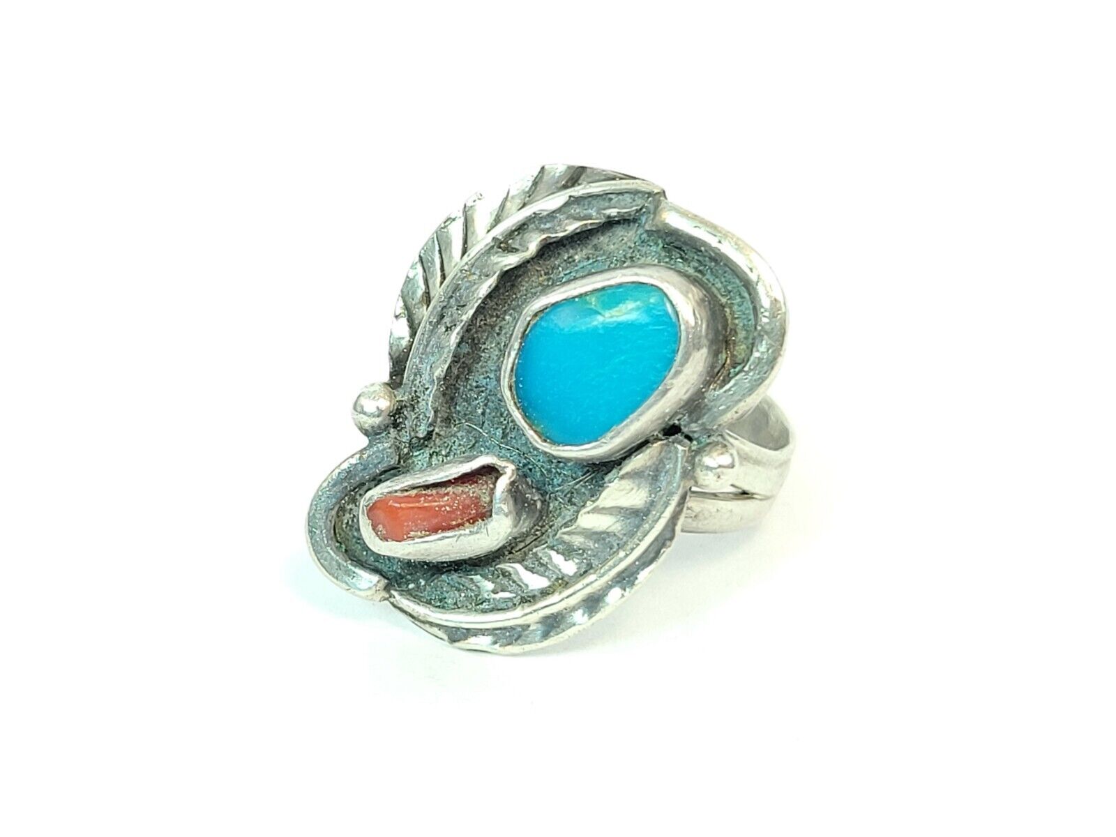 Navajo Turquoise Coral Sterling Silver 925 Ring Size 8 1/4