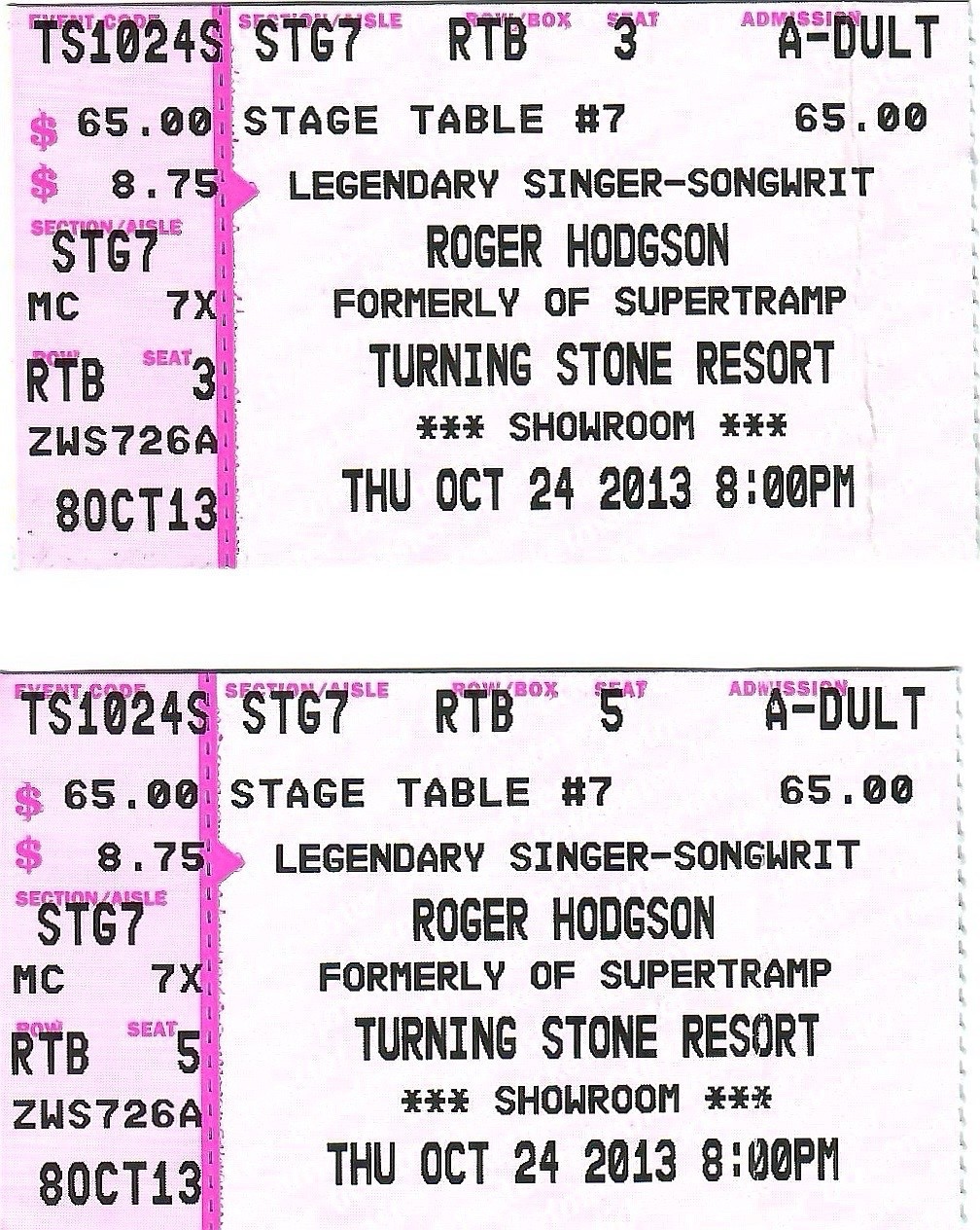 ROGER HODGSON LOT OF 2 USED TICKETS FROM 2013 SYRACUSE,NY CONCERT     SUPERTRAMP