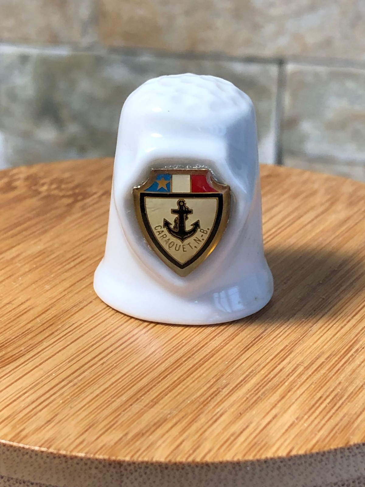Souvenir Thimble Caraquet N.B. Ceramic Porcelain Anchor Shield Collectible Mini