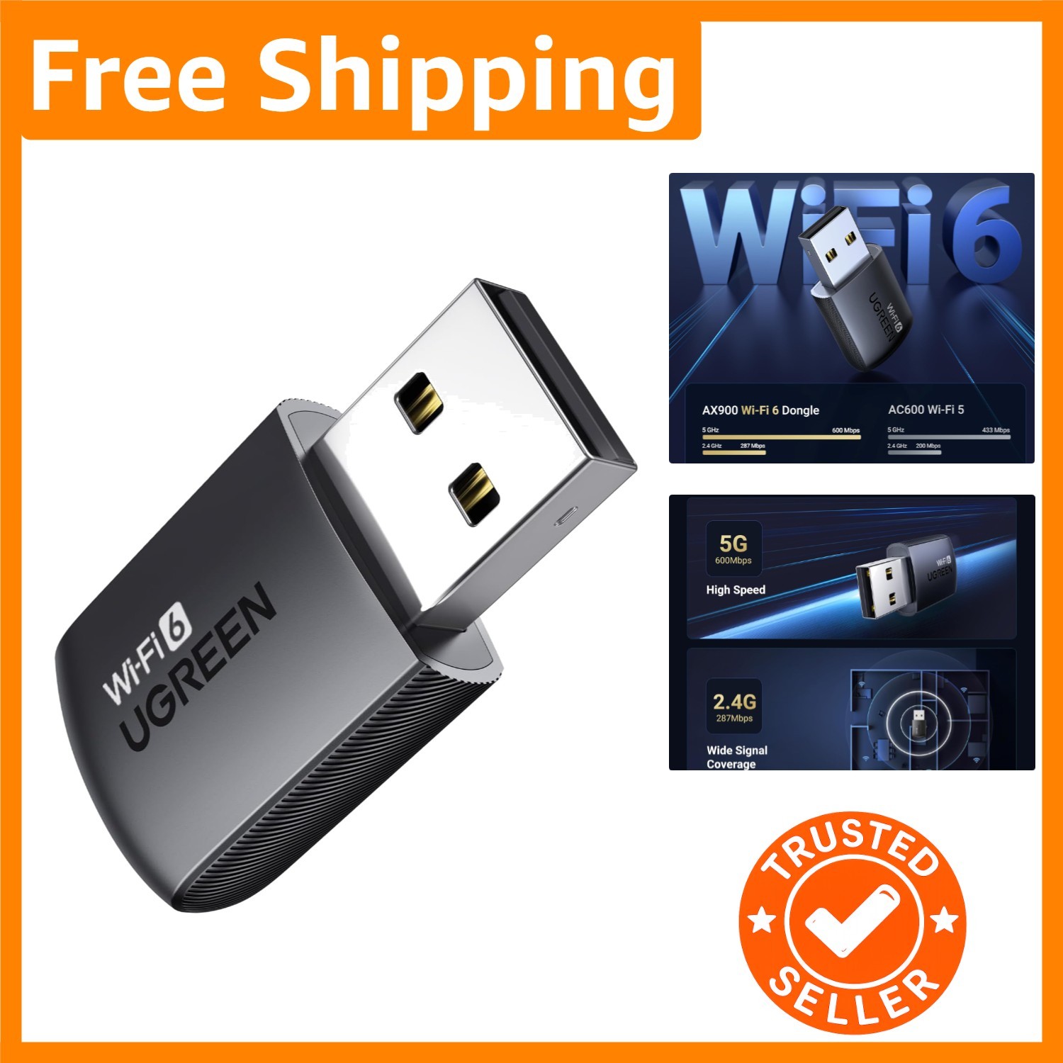Compact AX900 WiFi Adapter for Desktop - 5GHz/2.4GHz with Built-in Drivers