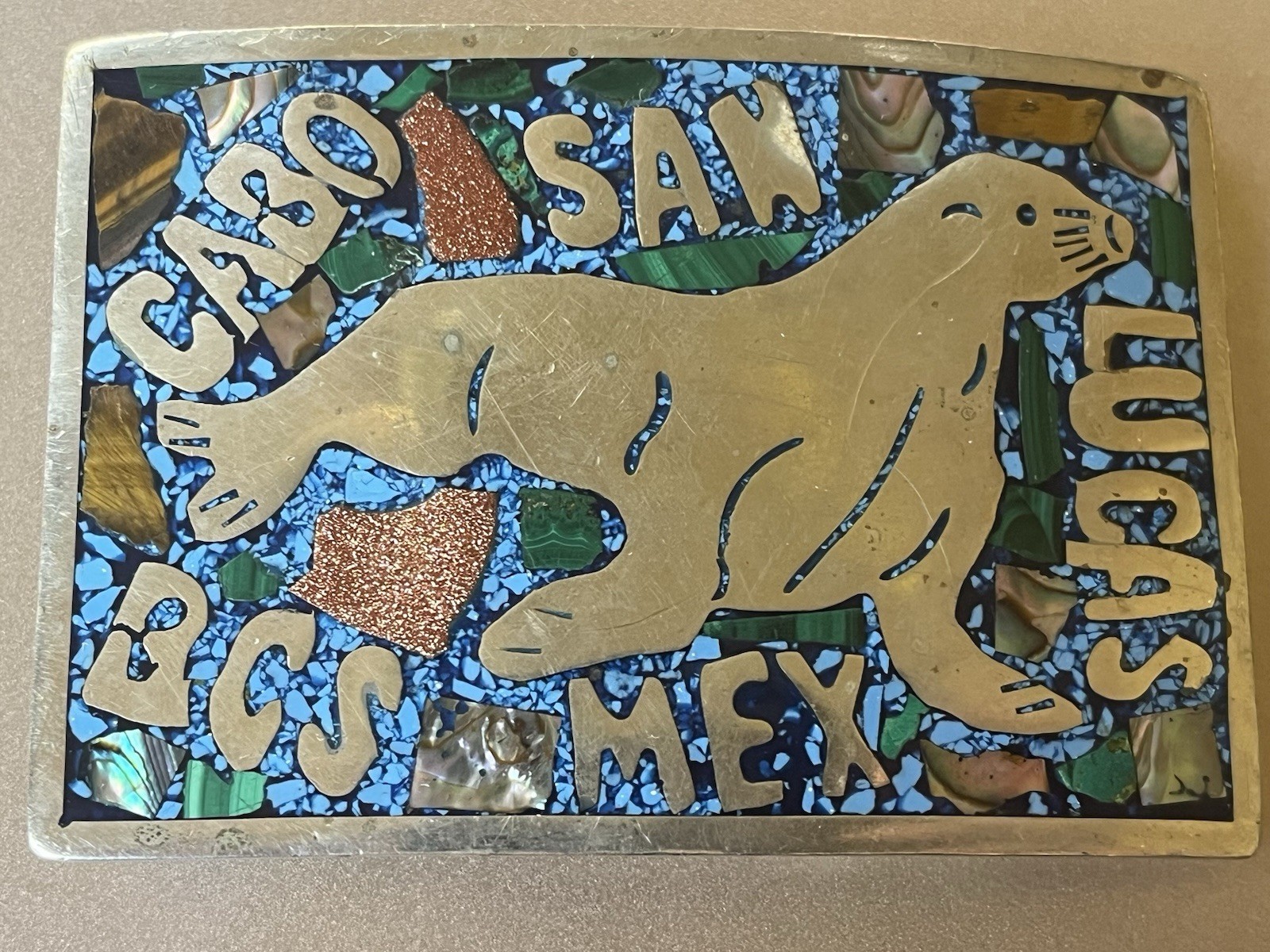 Vtg Silver Cabo San Lucas Marked Mexico Seal Turquoise Abalone Belt Buckle