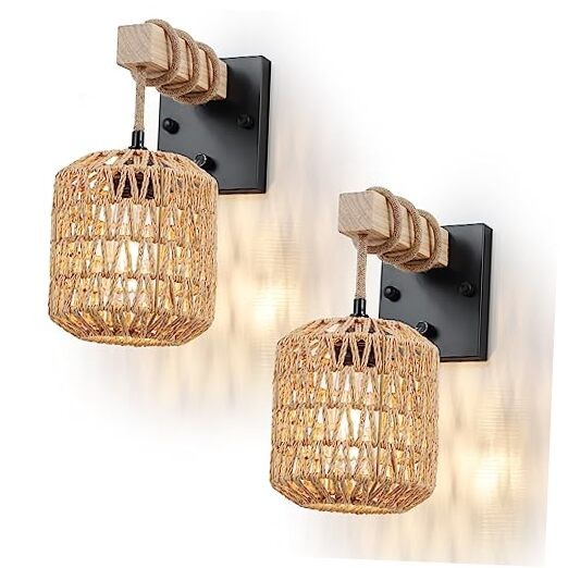 Rattan Boho Wall Sconces Set of Two, Hardwired Hand-Woven Farmhouse Wall 2 Pack