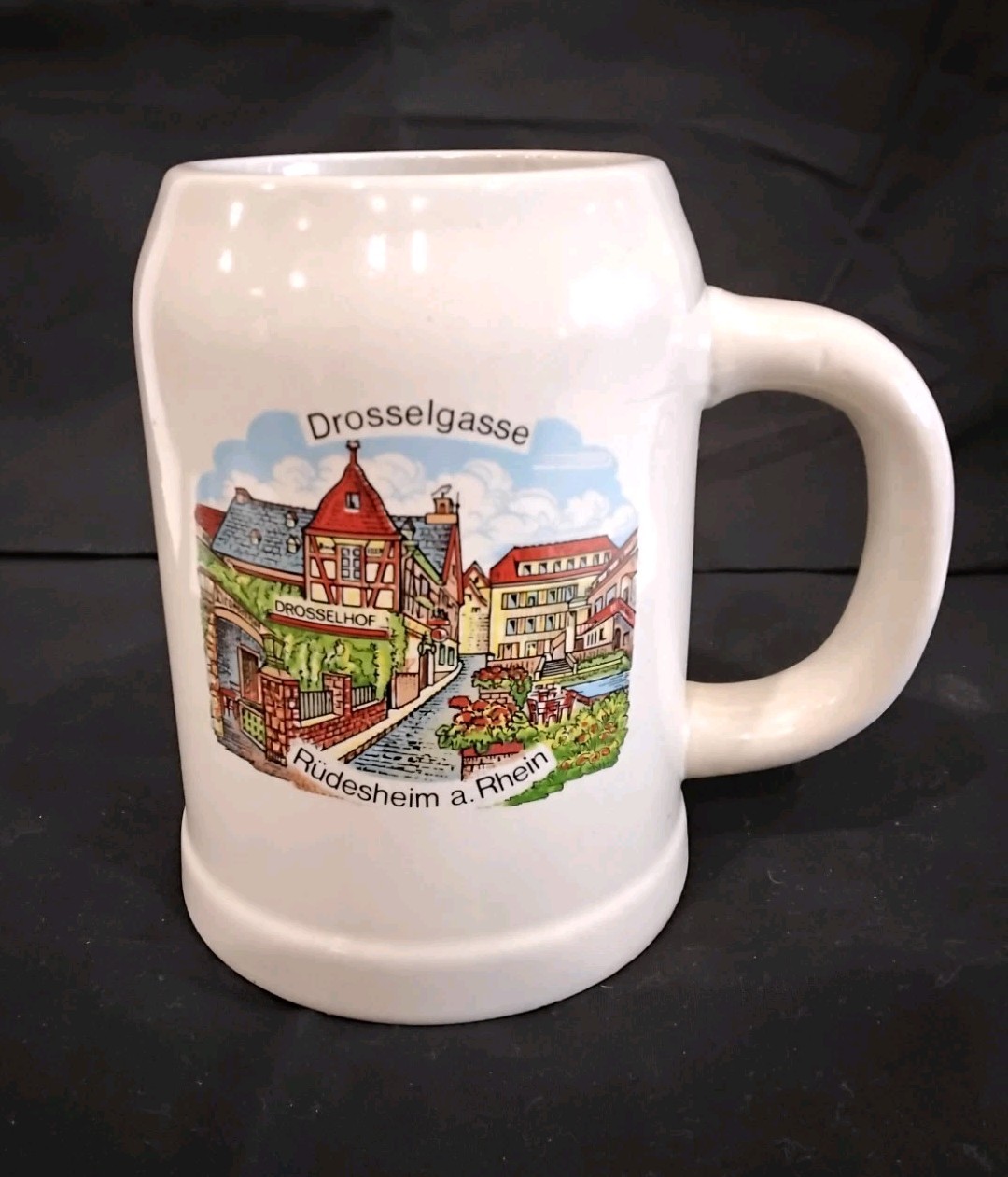 Old German Stoneware Beer Tankard .5L Rudesheim a. Rhein  Scene