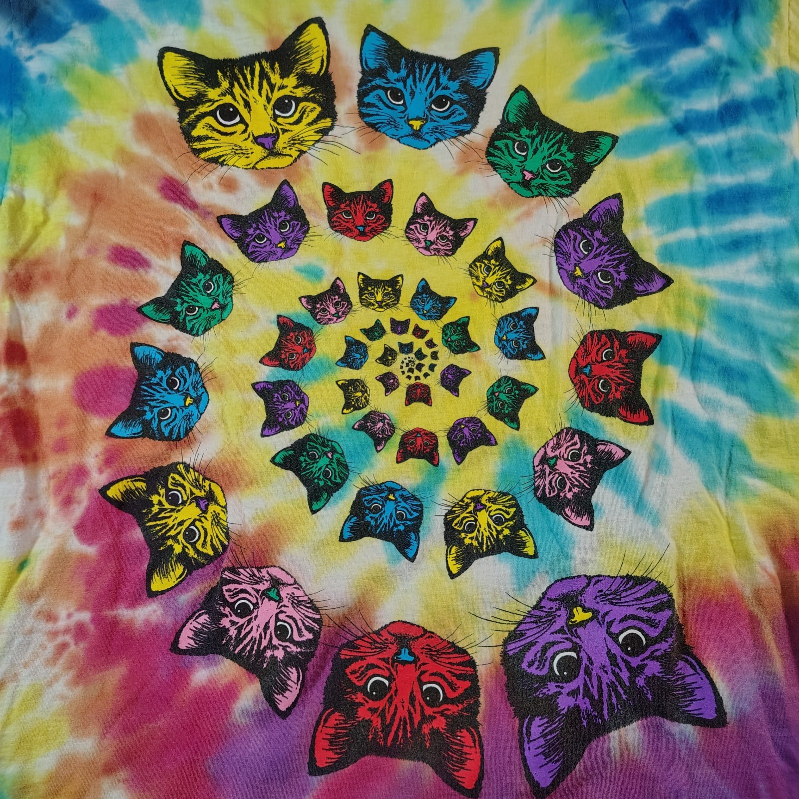 Vtg Tie Dye Spiral Cats Rainbow Graphic T Shirt Size XL Psychedelic