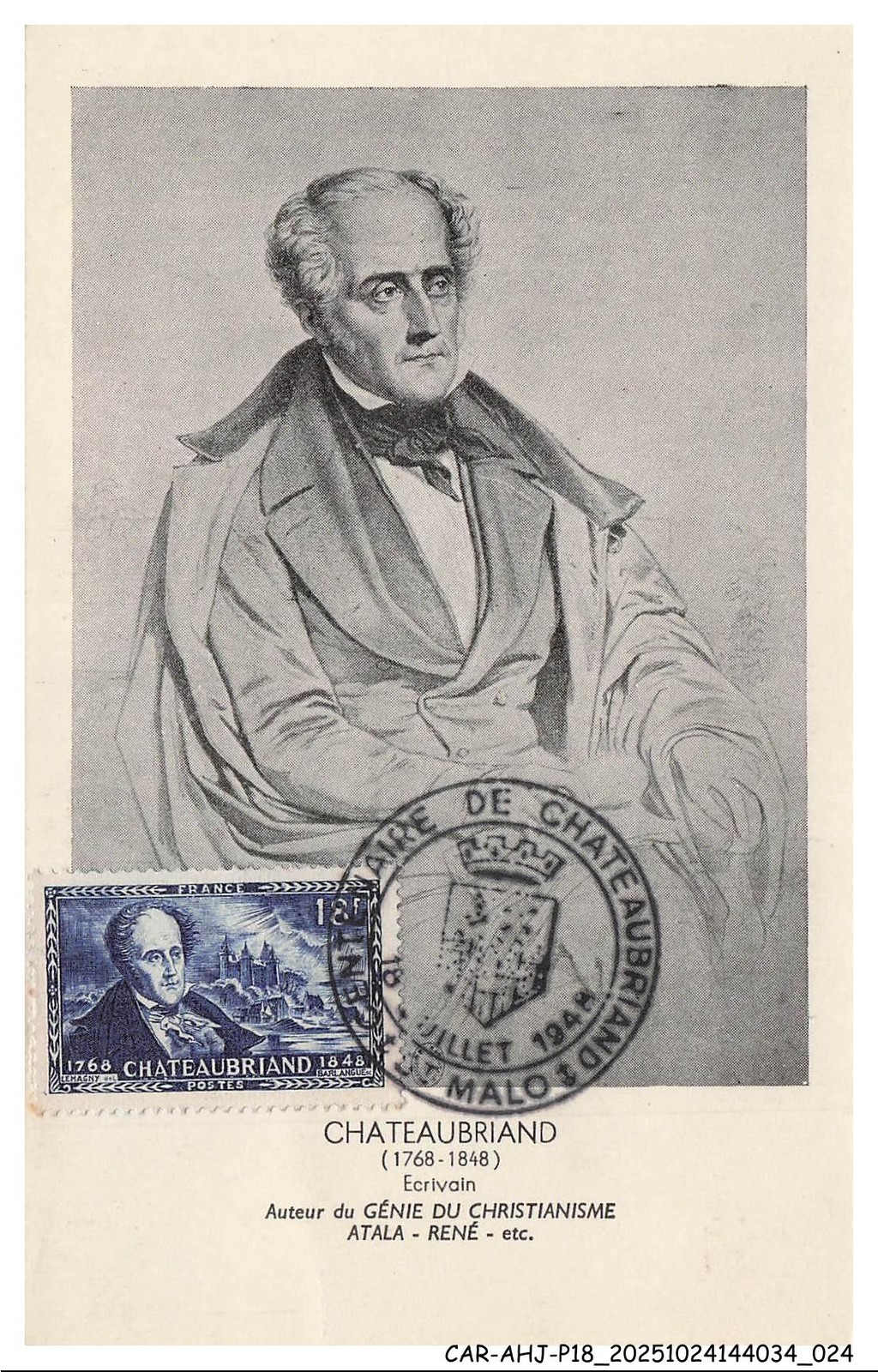 CAR-AHJP18-0851-CARD-MAXIMUM - Chateaubriand - Writer - 1948