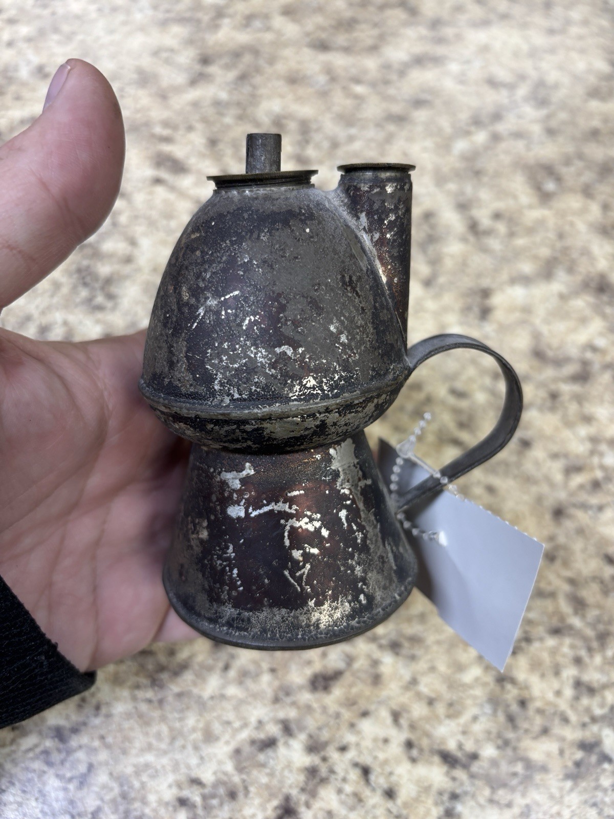 Antique tin whale oil lamp lantern double burner petticoat peg original. 4x2.5"