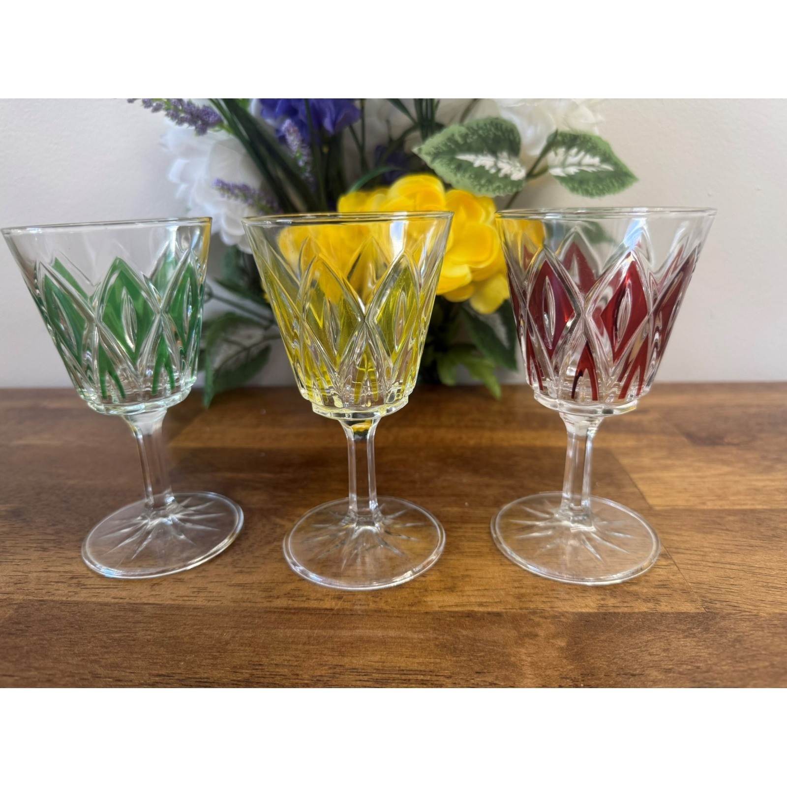 VMC France Harlequin Cut Crystal Wine Glass Green Yellow Ruby