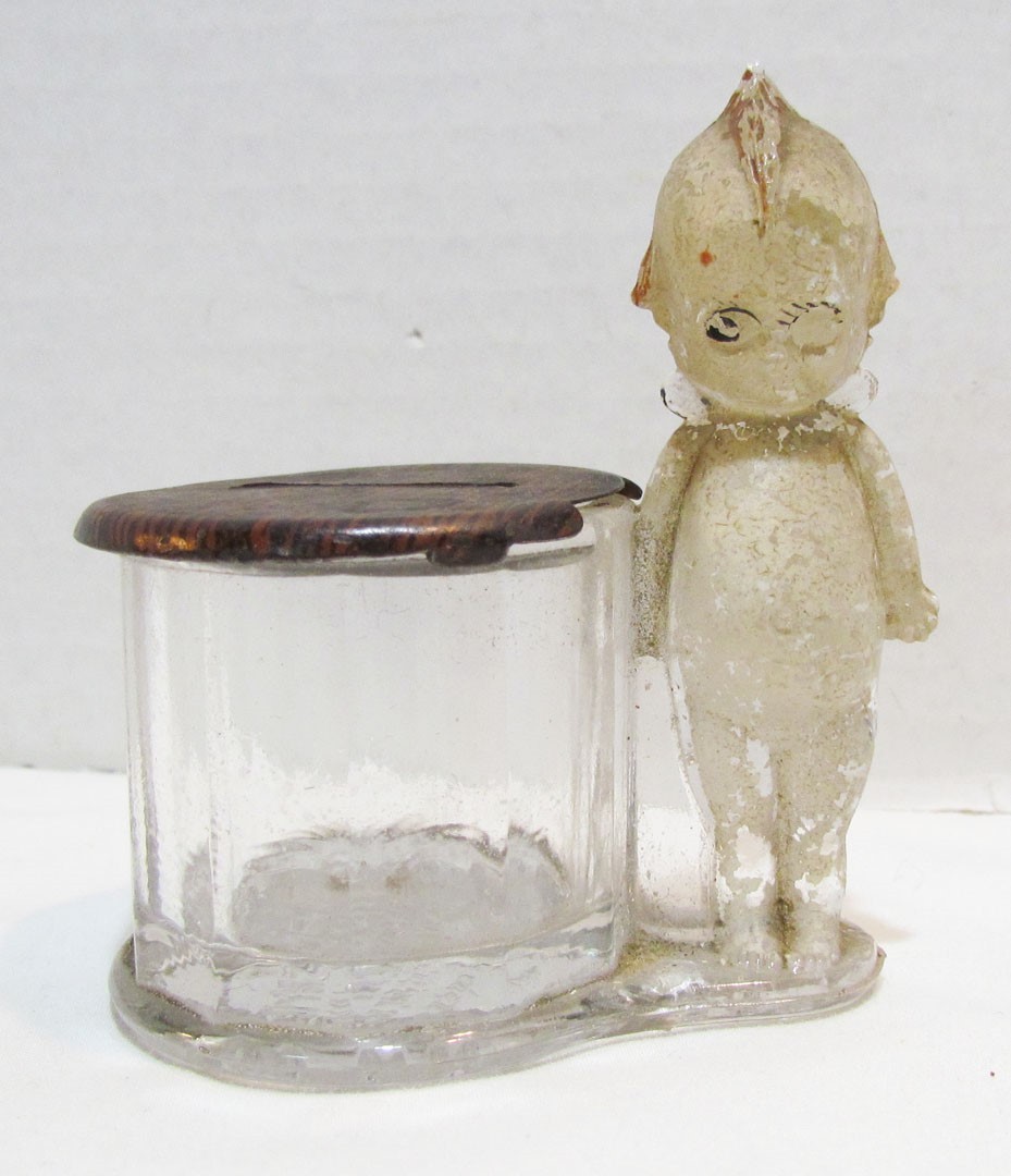 KEWPIE ROSE O'NEILL ANTIQUE FIGURAL GLASS 3" COIN BANK STILL BANK GEO. BORGFELDT