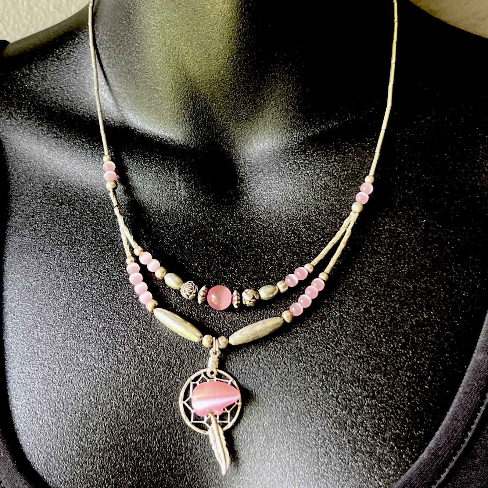 Vintage Native American Pink Bear Dream Catcher 925 Silver Beaded Necklace 18”