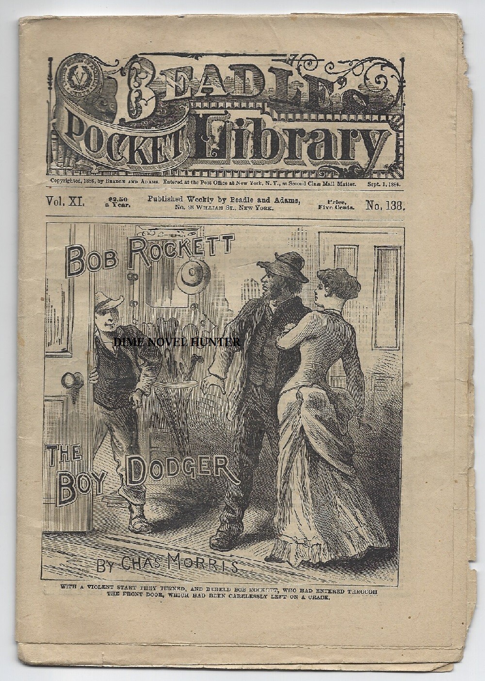 BEADLE'S POCKET LIBRARY #138 BOB ROCKETT 1886 DIME NOVEL STORY PAPER