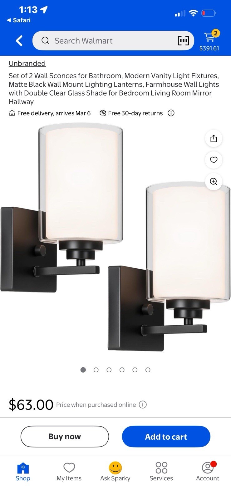 Set of 2 Modern Matte Black Double Glass Shade Wall Sconces E26 Base