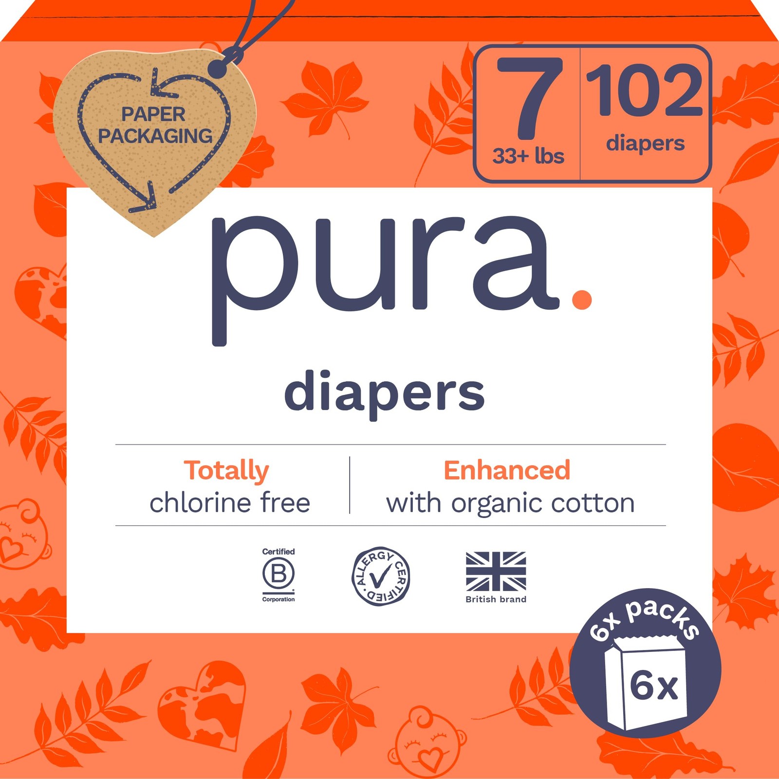 Eco Friendly Diapers Size 7 33+lbs 6 Pack Organic Hypoallergenic Pura Soft Hours