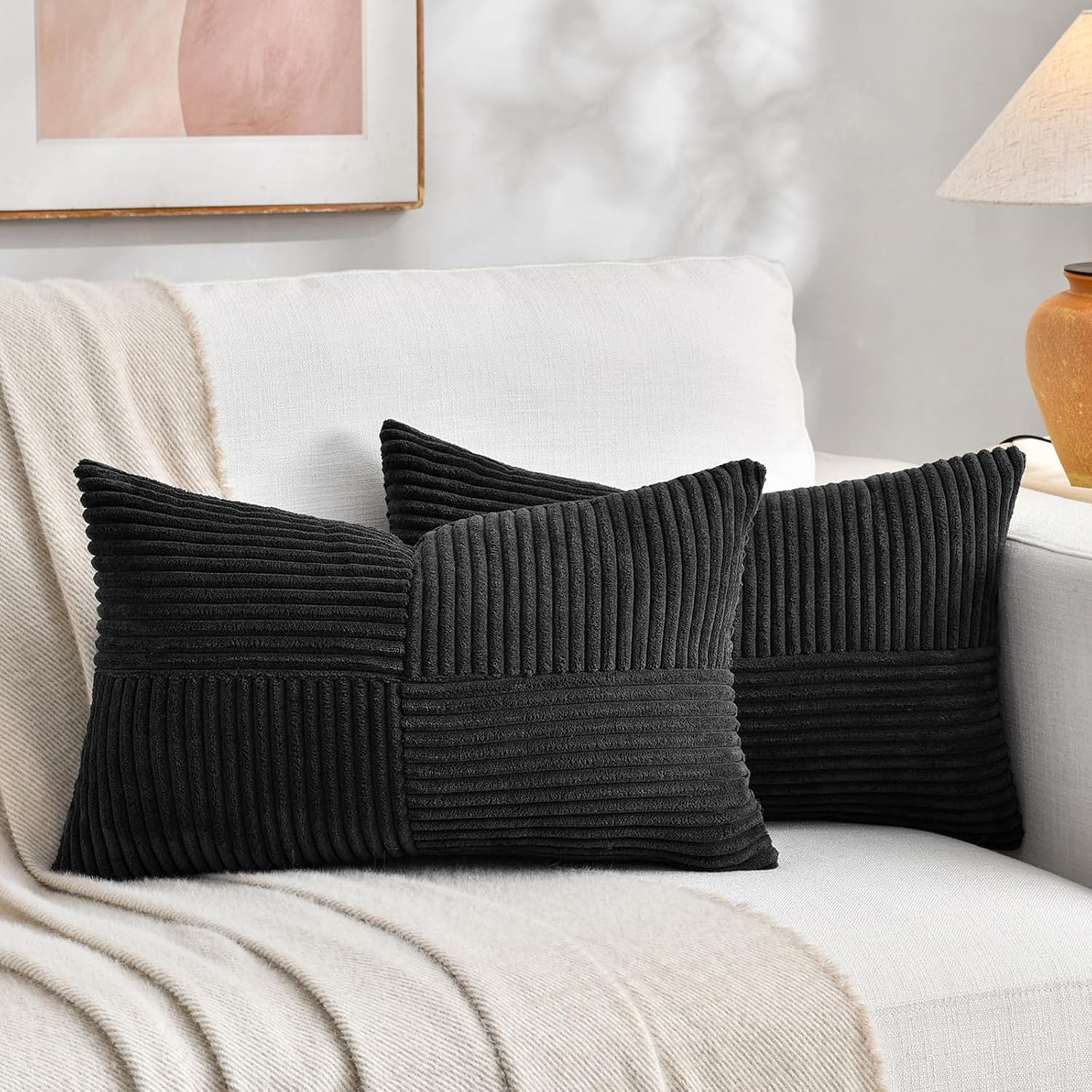 2 Packs Black Long Lumbar Decorative Throw Pillow Covers 12x24 Inch for Couch Be