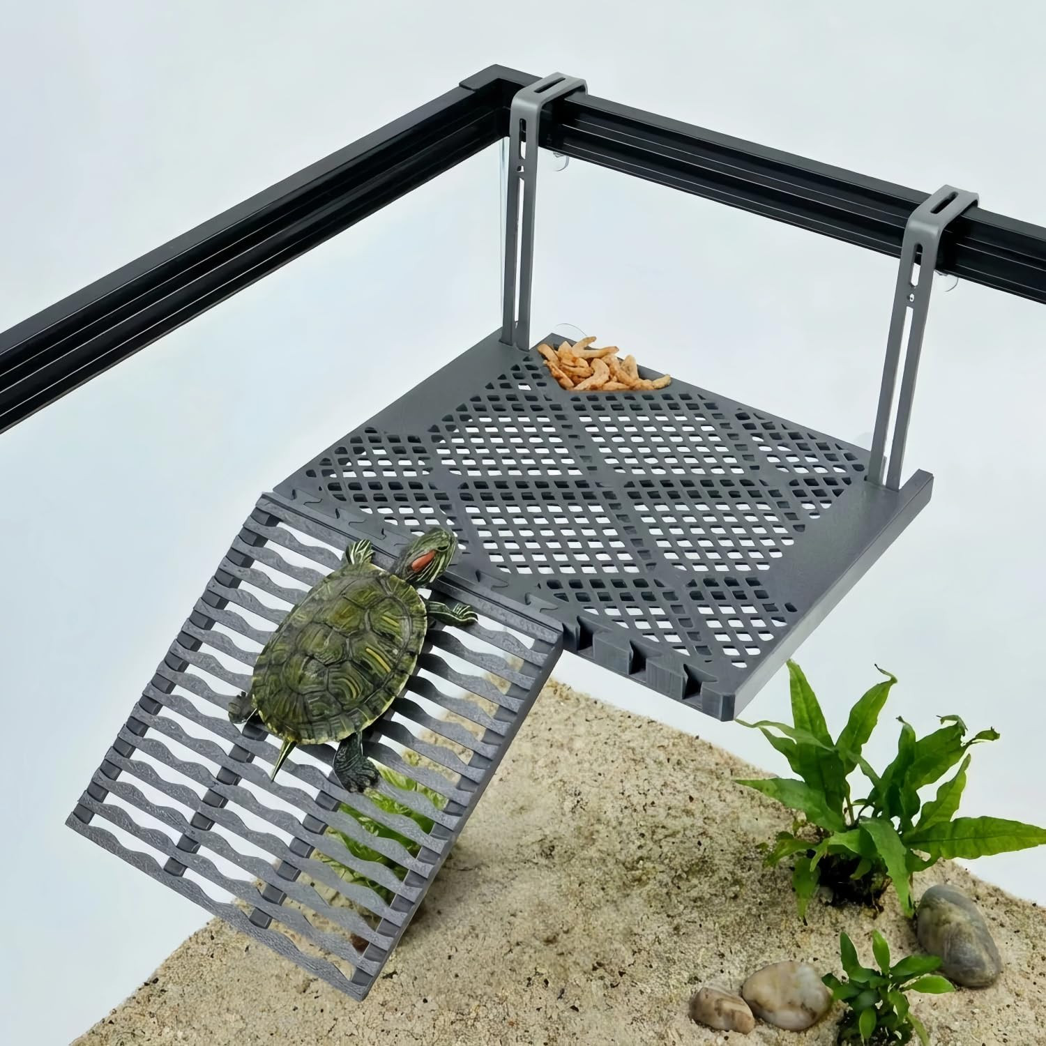 Solidform Hanging Turtle Basking Platform with Built-In Food Tray, Zero Zip-Tied