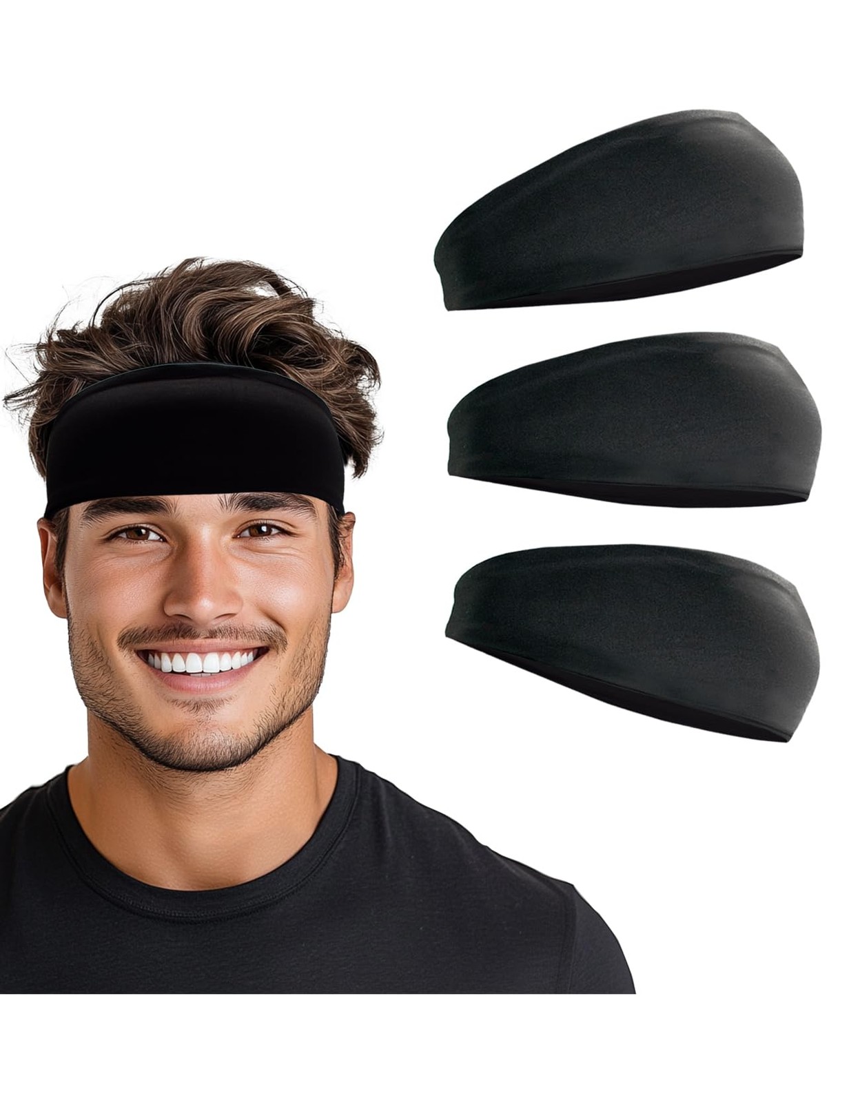 Headband for Men & Women, Black Sweat Wicking Sports Sweatband Pack 