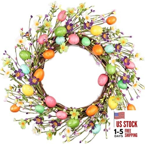 20 Inch Easter Wreaths for Front Door with Colorful Eggs, Artificial Eggs Door 