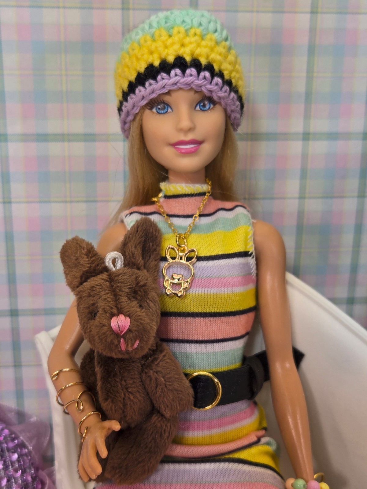 Barbie & "Best Bunny Friend Forever: Hopkins" Easter Pastel Striped Dress OOAK
