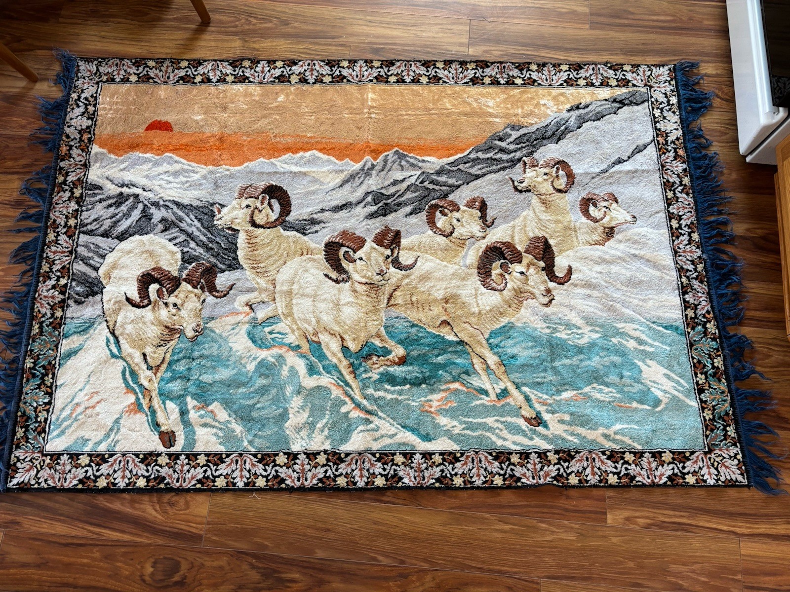 Vintage Tapestry Rug Big Horn Sheep Mountain Goat Rockies 68”x 47” Wall Rug
