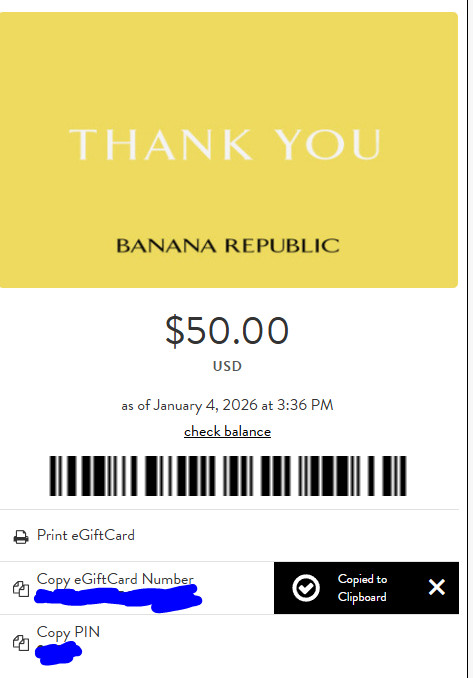 50$ Banana Republic E-giftcard