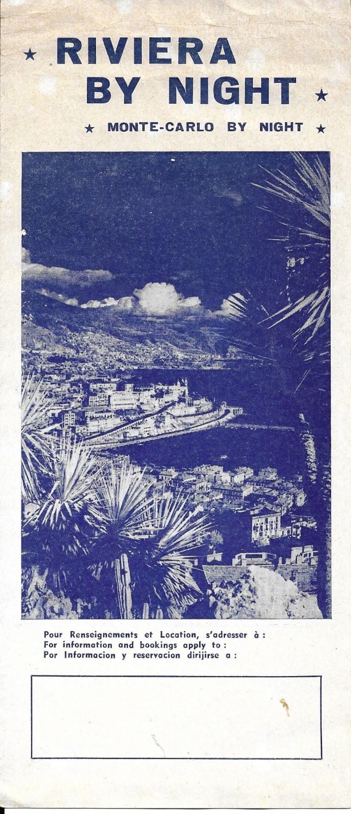Vintage Used Riviera by Night, Monte Carlo by Night Brochure 3 fold Style.