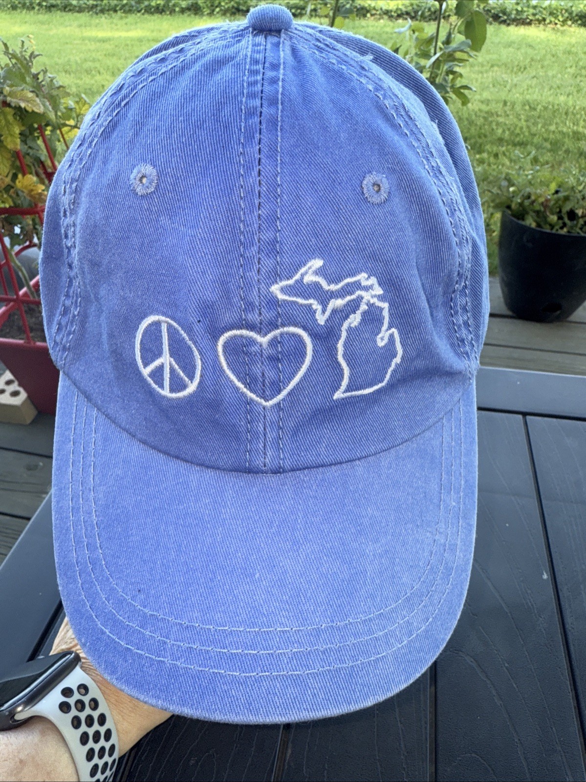 Peace Love Michigan Symbols in white on Perwinkle Hat Cap Cotton Strap BuckleEUC