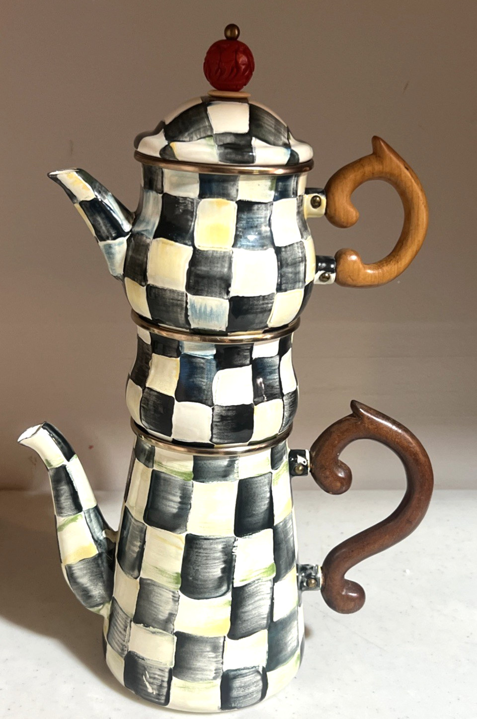 MacKenzie Childs Courtly Check Coffee Pot Set Sugar Creamer Enamel STACKABLE