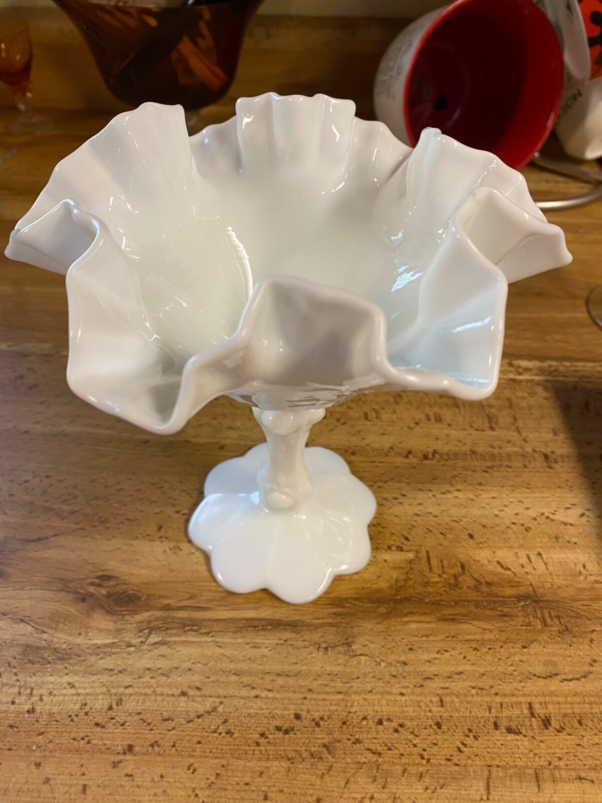 VTG Fenton or Westmoreland Flower Milk Glass Footed Compote Candy Dish Fluted