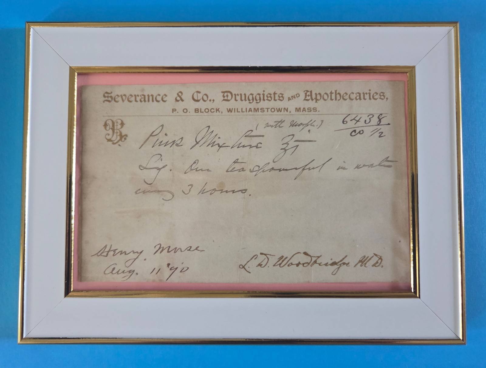 FRAMED ANTIQUE August 11, 1890 PRESCRIPTION for PINK MIXTURE with MORPHINE