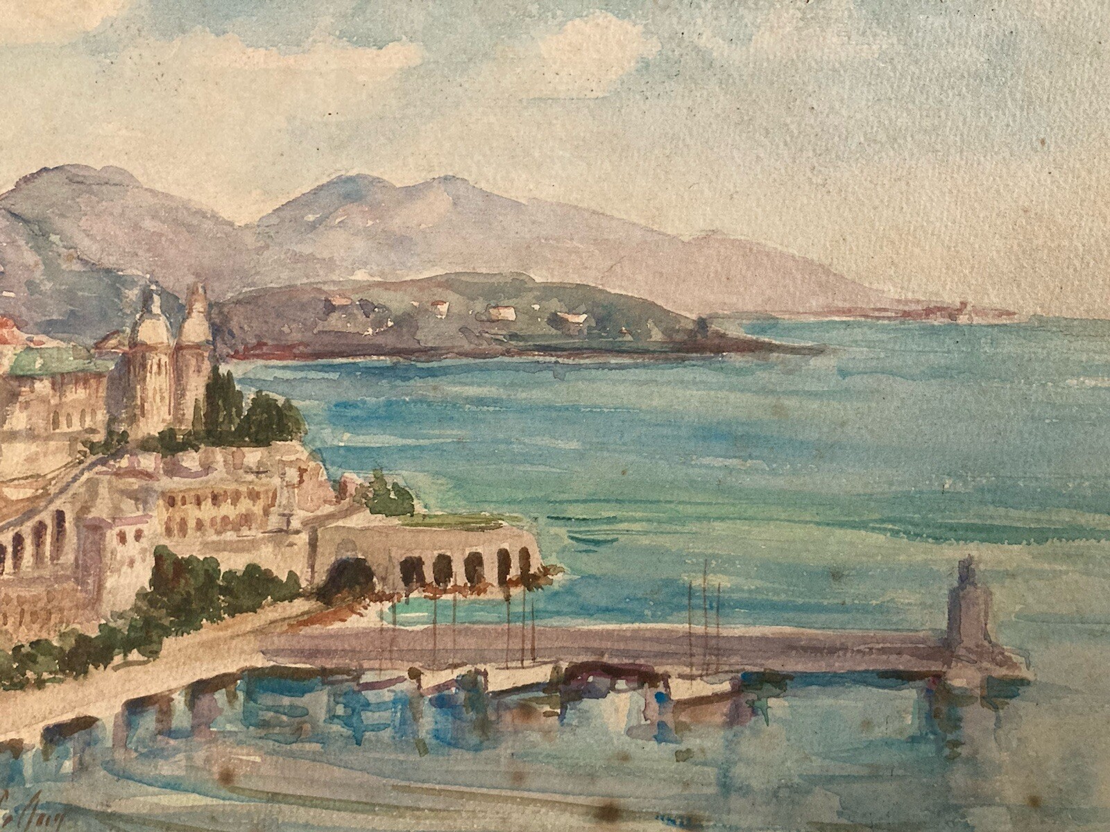 Très belle aquarelle Fin 19e Mer Cap Martin Monte Carlo Art ville à identifier￼