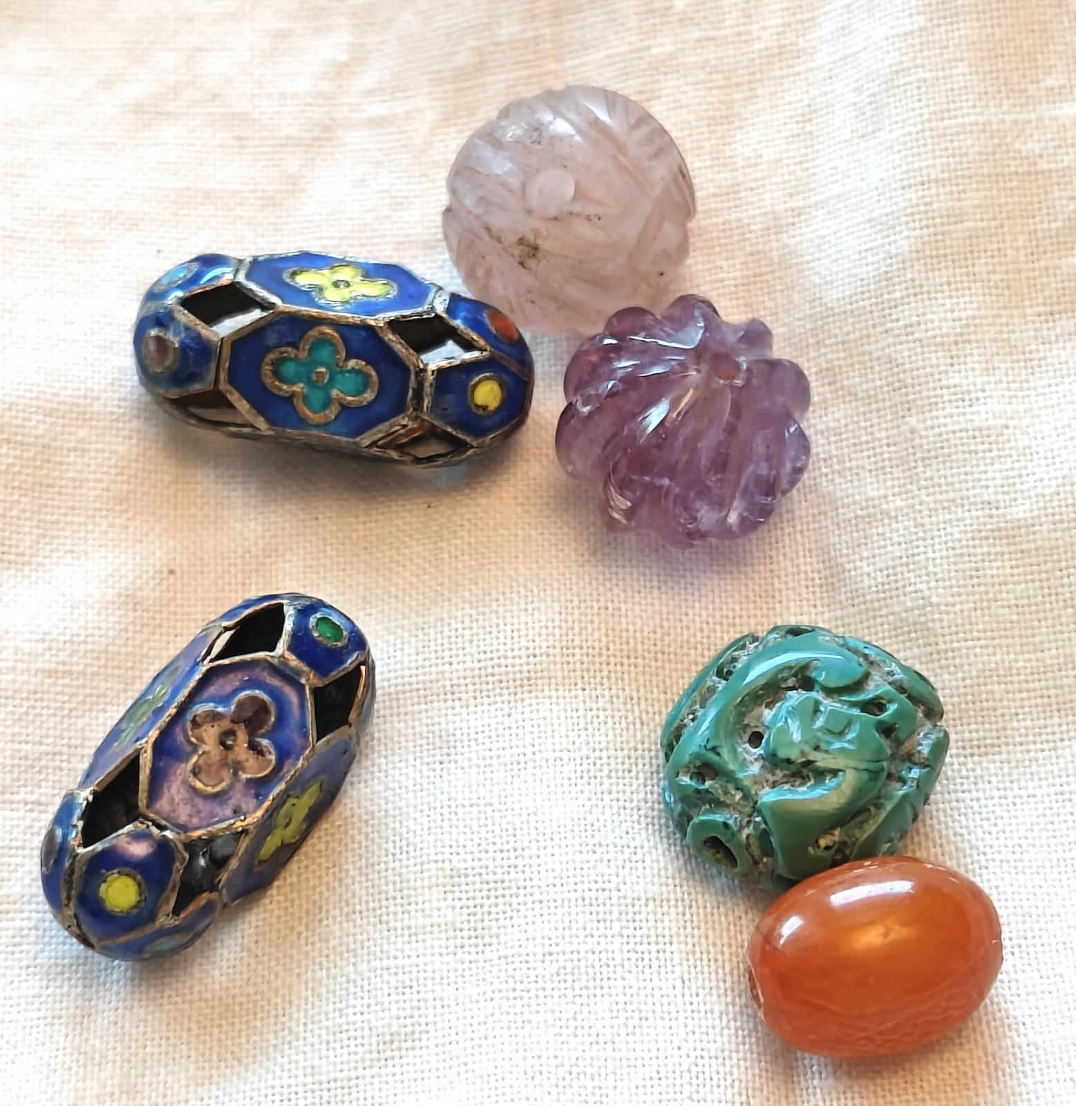Antique Loose Chinese Beads, Stone and Cloisonne