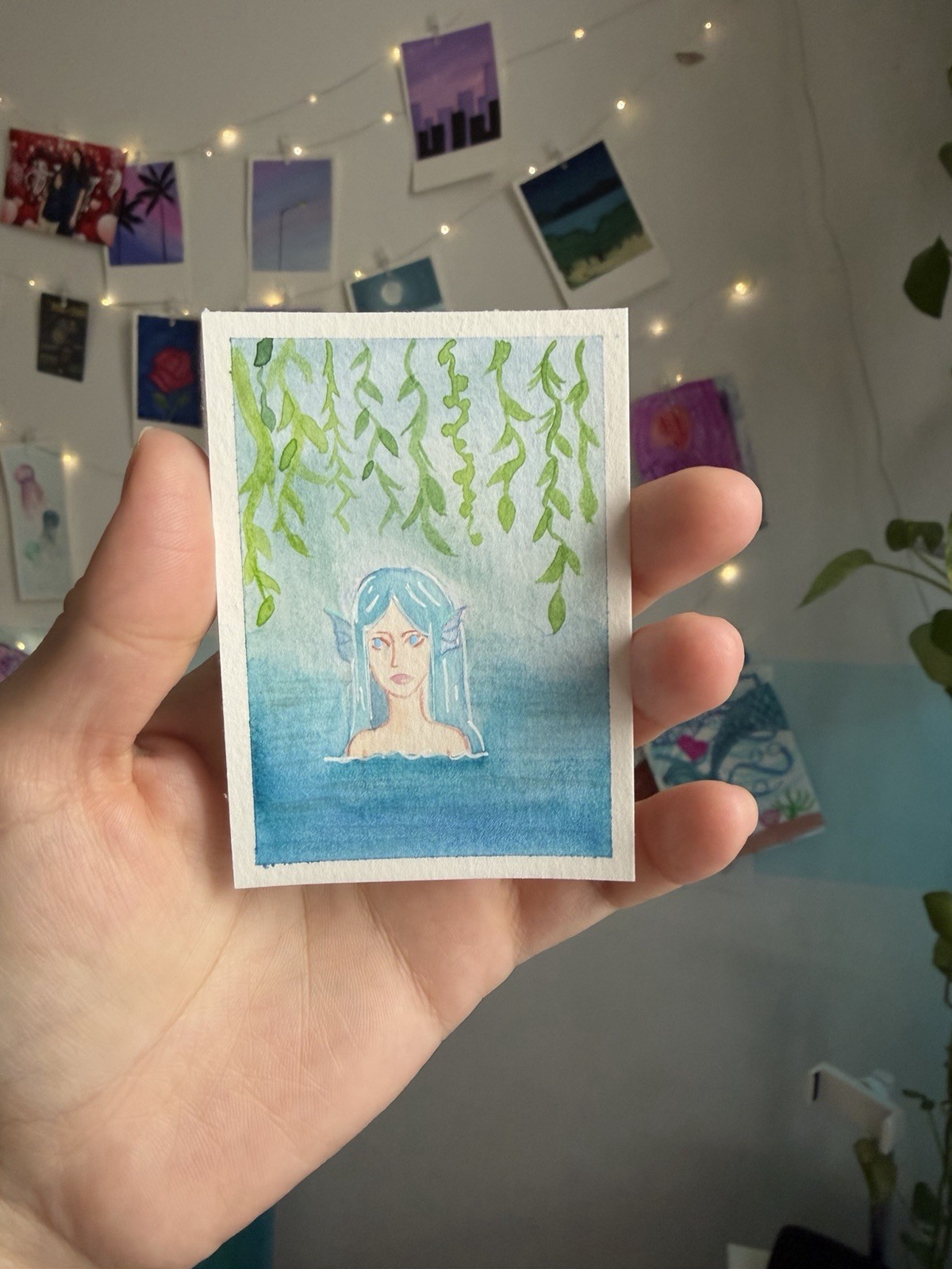 Original ACEO Siren Mermaid Pond Mythical Fantasy Merfolk 2.5x3.5