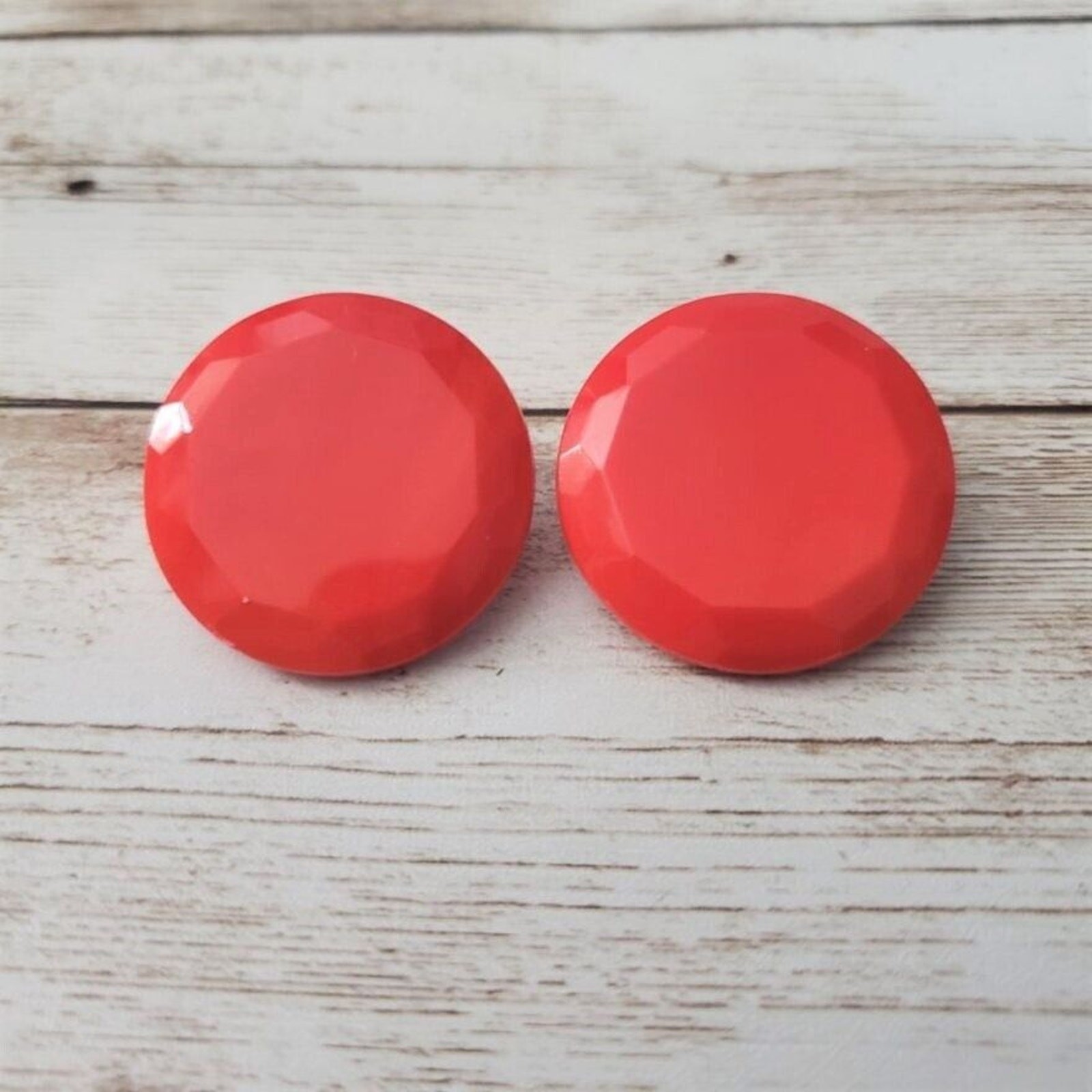 Vintage Clip On Earrings - Red Circle with Faceted Edges Large